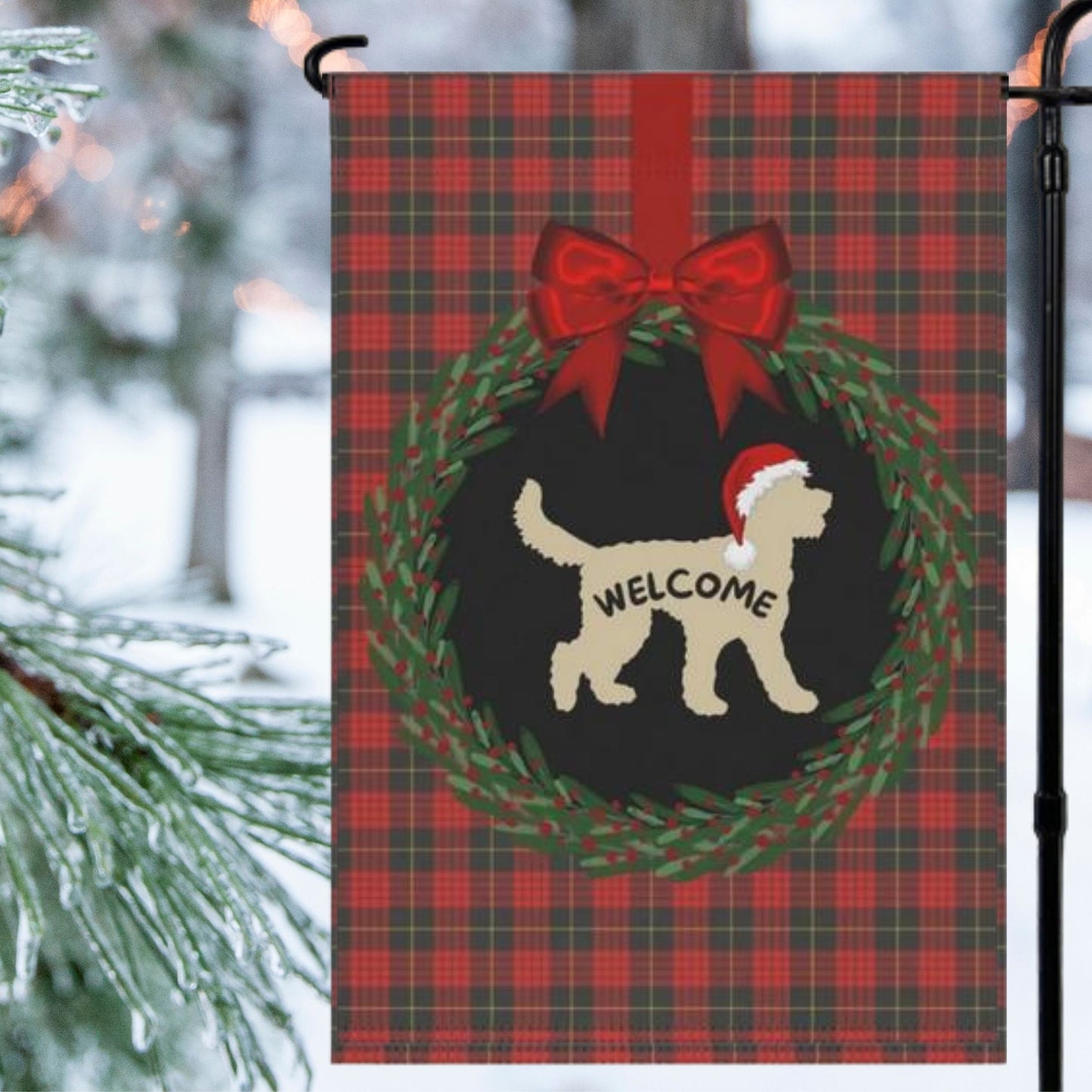 Doodle Dog Christmas Yard Flag - Gift Idea for Doodle Mom or Dad, Welcome Sign, Tan Silhouette Represents Most Light Colored Doodl