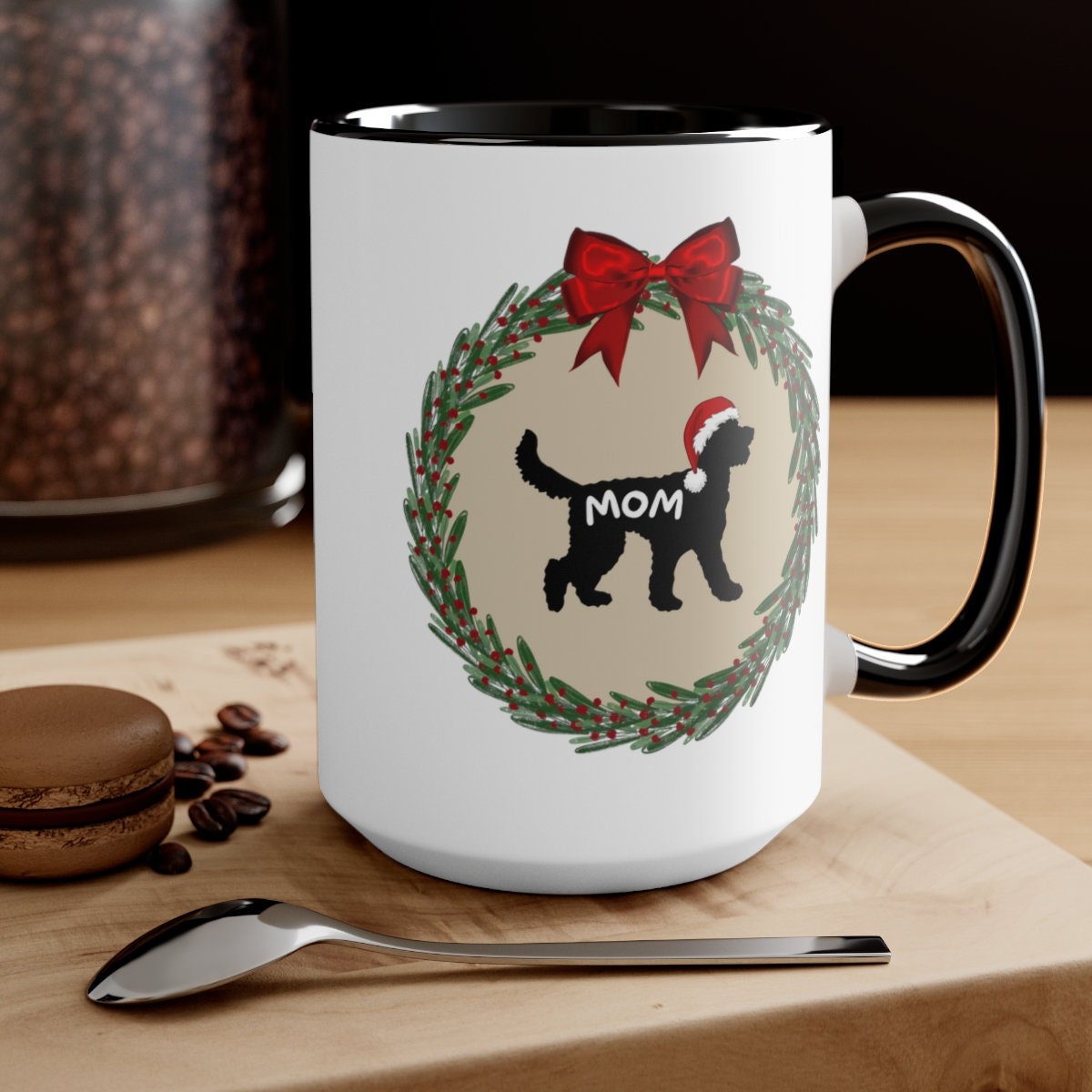 Doodle Dog Mom Christmas Mug - Doodle Silhouette Represents Most Doodle Breeds, Perfect Doodle Mom Gift, Two-Tone Coffee Mug, 15oz