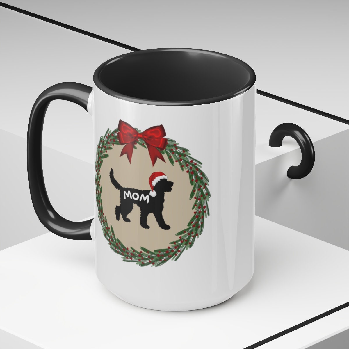 Doodle Dog Mom Christmas Mug - Doodle Silhouette Represents Most Doodle Breeds, Perfect Doodle Mom Gift, Two-Tone Coffee Mug, 15oz