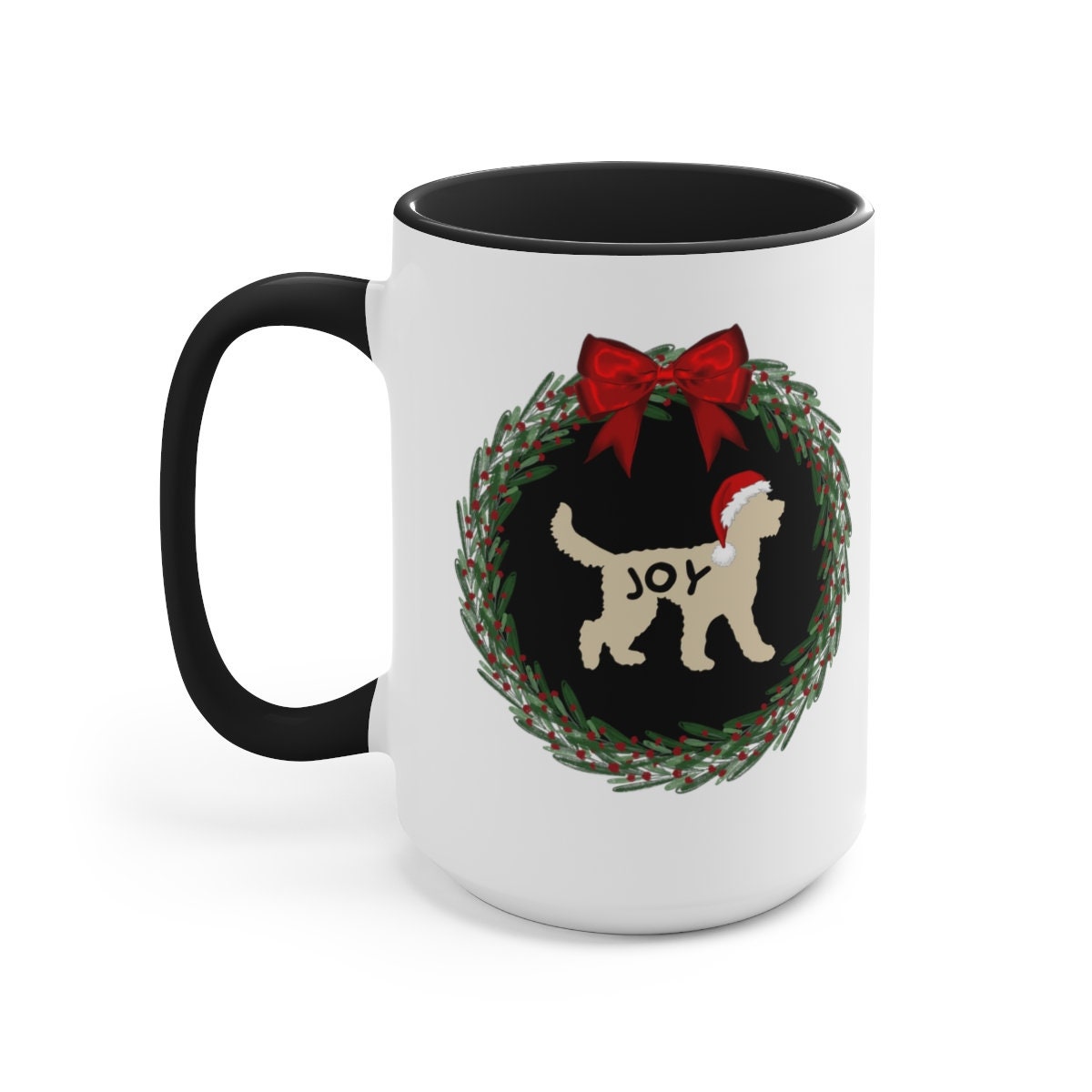 Doodle Dog Joy Christmas Mug - Tan Doodle Silhouette Represents Most Doodle Breeds, Perfect Doodle Lover Gift, Two-Tone Coffee Mug