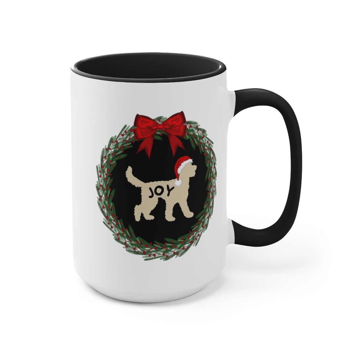 Doodle Dog Joy Christmas Mug - Tan Doodle Silhouette Represents Most Doodle Breeds, Perfect Doodle Lover Gift, Two-Tone Coffee Mug