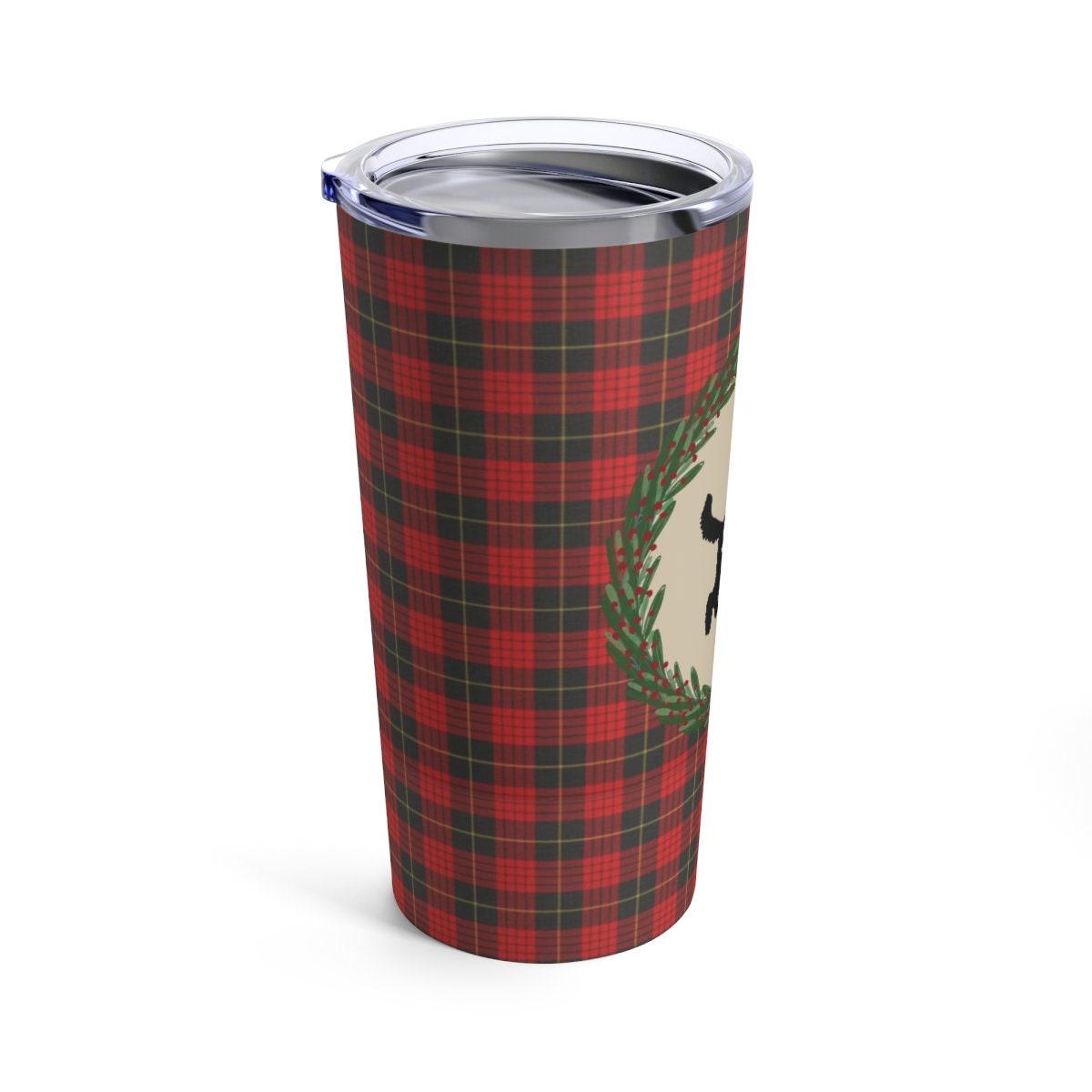 Doodle Dog Christmas Tumbler - Red Plaid With Doodle Silhouette  "joy", Stainless Travel Size, 20oz, Perfect Holiday Gift for Dood