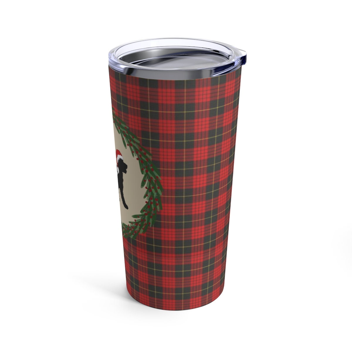 Doodle Dog Christmas Tumbler - Red Plaid With Doodle Silhouette  "joy", Stainless Travel Size, 20oz, Perfect Holiday Gift for Dood