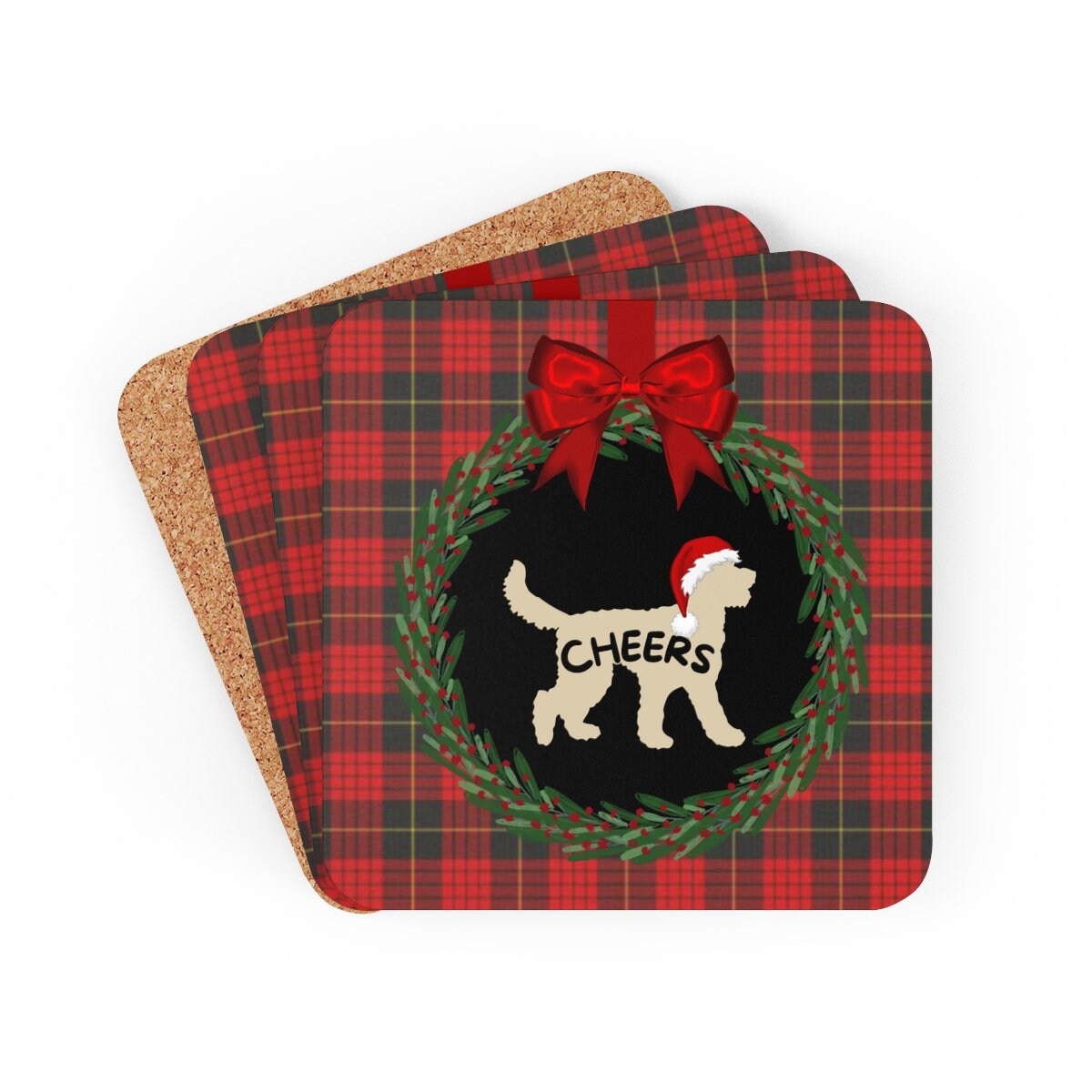 Doodle Dog Christmas Coaster Set - Tan Doodle Silhouette Represents Most Doodle Breeds, Doodle Mom and Dad Holiday Gift Idea, 4 Co