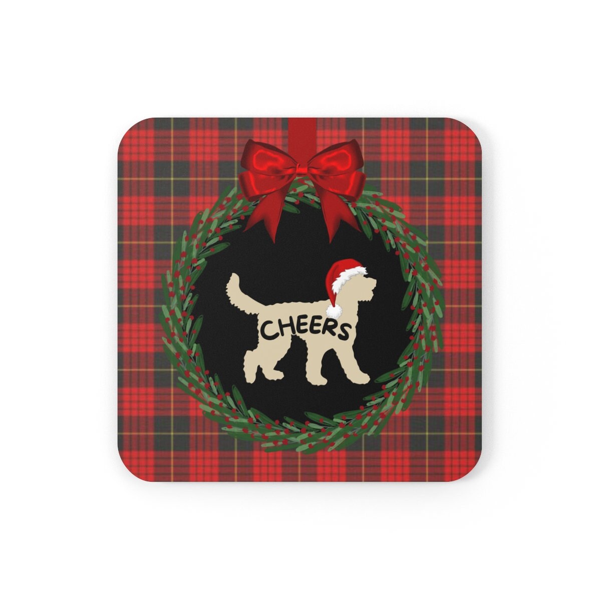 Doodle Dog Christmas Coaster Set - Tan Doodle Silhouette Represents Most Doodle Breeds, Doodle Mom and Dad Holiday Gift Idea, 4 Co