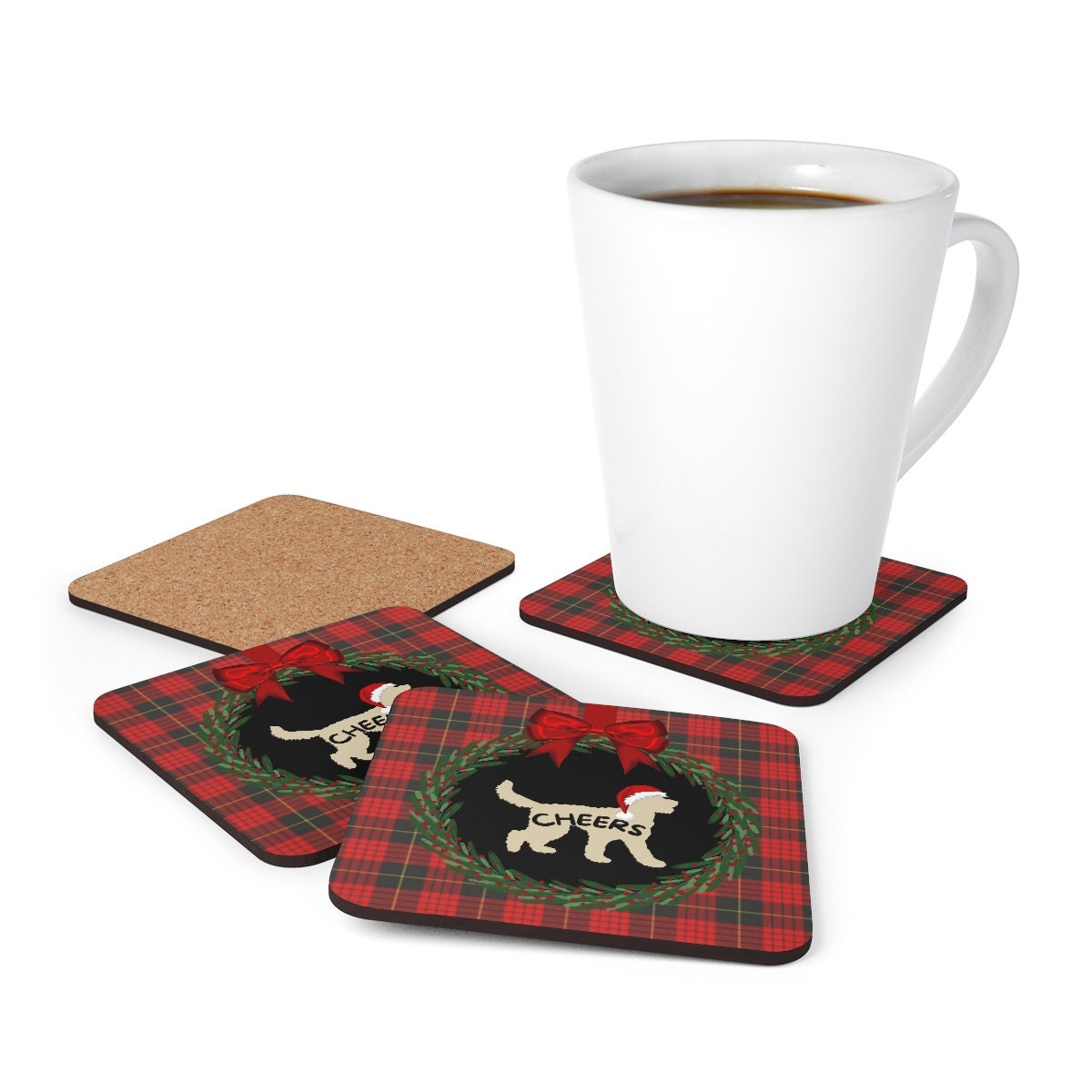 Doodle Dog Christmas Coaster Set - Tan Doodle Silhouette Represents Most Doodle Breeds, Doodle Mom and Dad Holiday Gift Idea, 4 Co