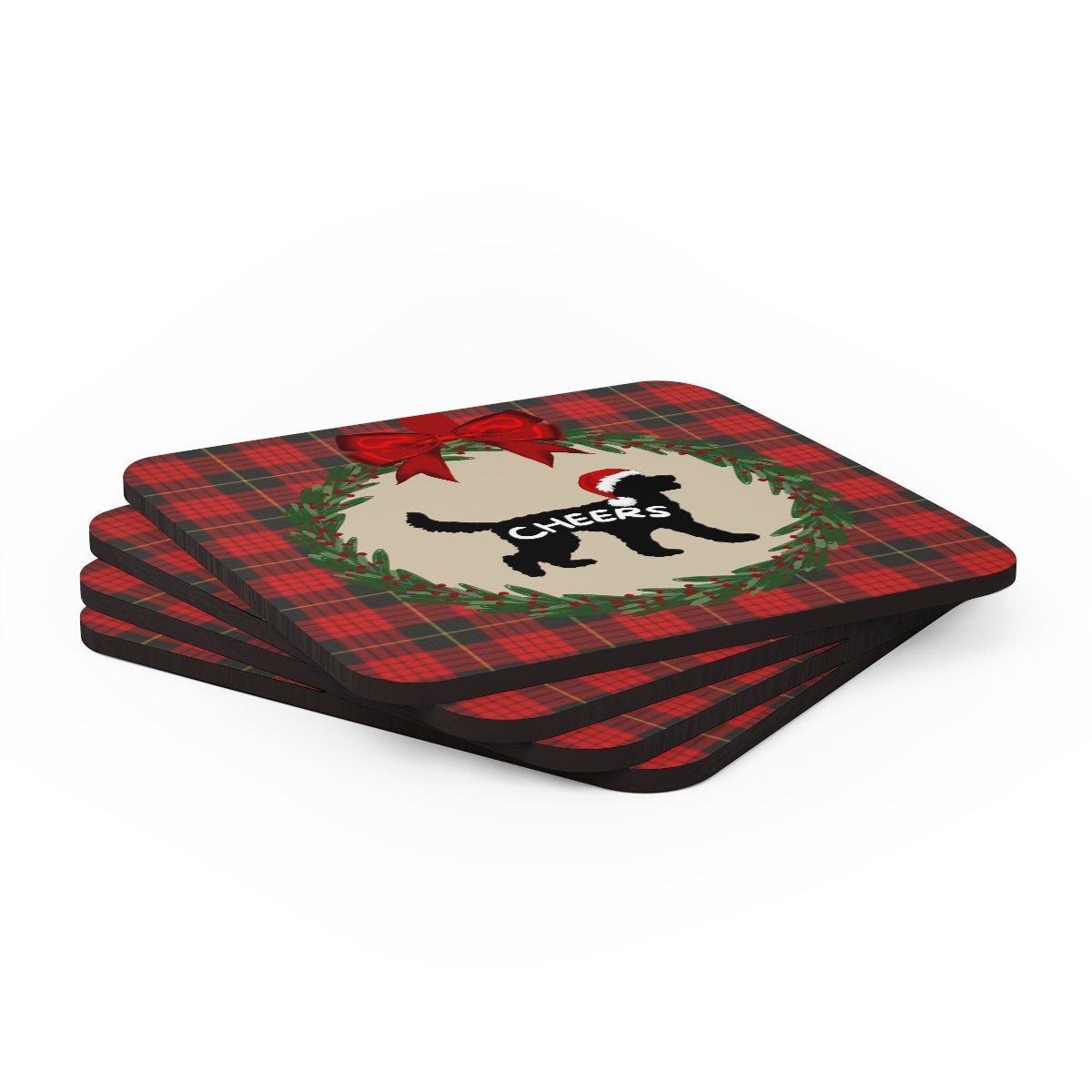 Doodle Dog Christmas Coaster Set - Doodle Silhouette Represents Most Doodle Breeds, Doodle Mom and Dad Holiday Gift Idea, 4 Corkwo