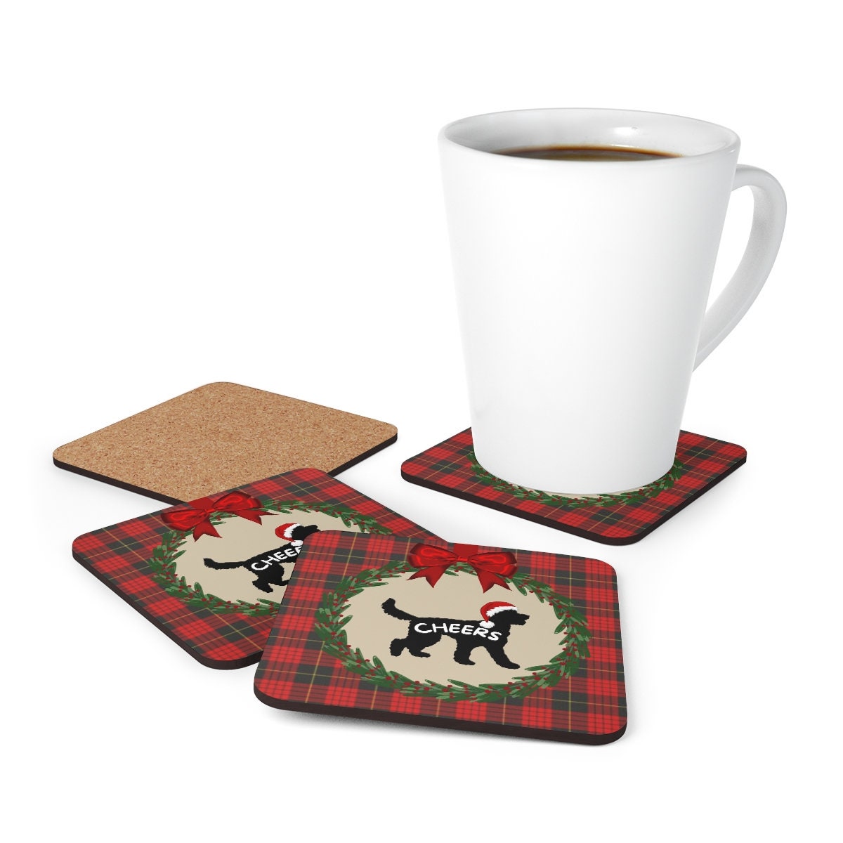 Doodle Dog Christmas Coaster Set - Doodle Silhouette Represents Most Doodle Breeds, Doodle Mom and Dad Holiday Gift Idea, 4 Corkwo