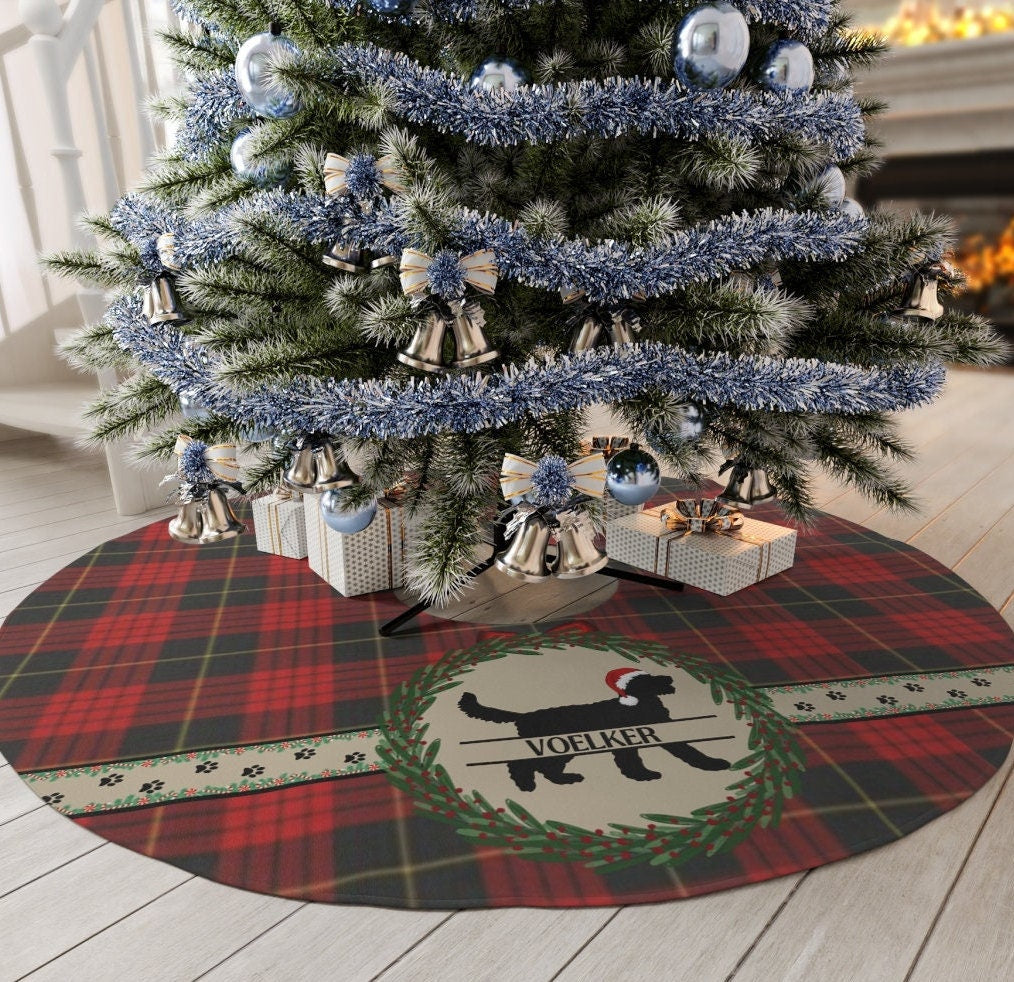 Doodle Dog Silhouette Christmas Tree Skirt - Red Tartan Plaid Holiday Decoration, Round 57", Doodle Dog Christmas Decor