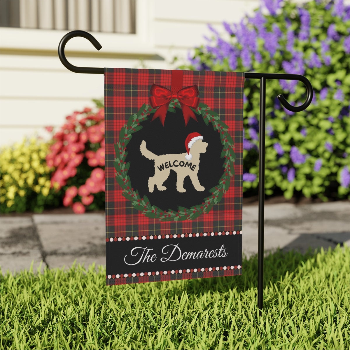 Personalized Tan Doodle Dog Christmas Yard Flag - Holiday Gift Idea for Doodle Mom or Dad, Custom Welcome Sign Doodle Tan Silhouet