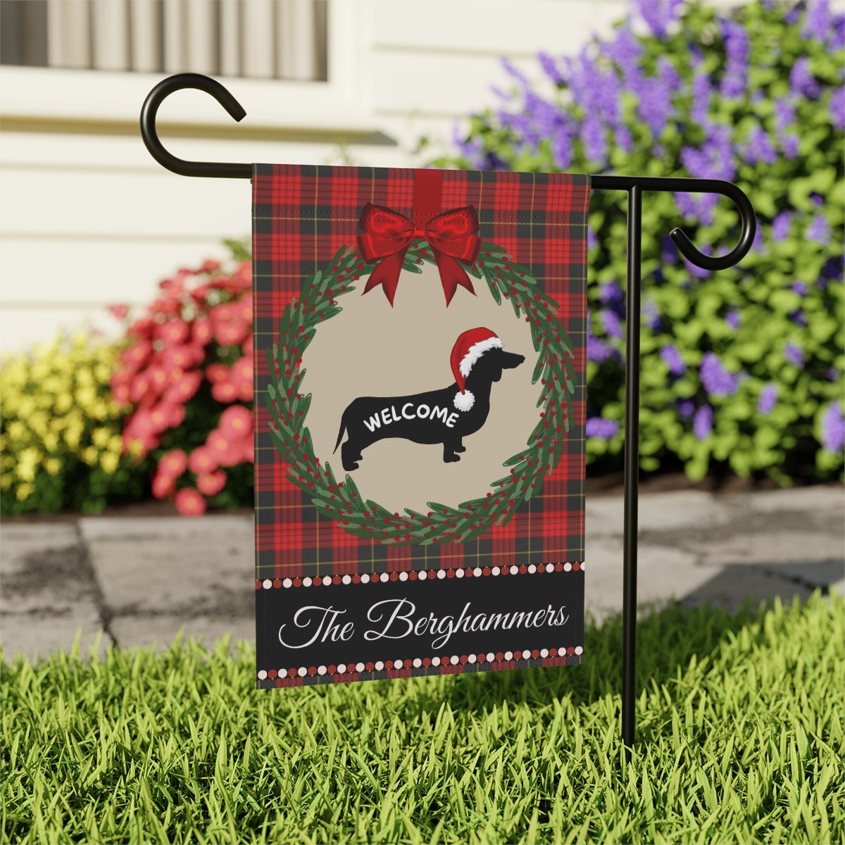 Personalized Daschund - Doxie Christmas Yard Flag, Holiday Gift Idea for Daschund, Doxie Lover, 12.5"x18"  Welcome Dog Sign Flag