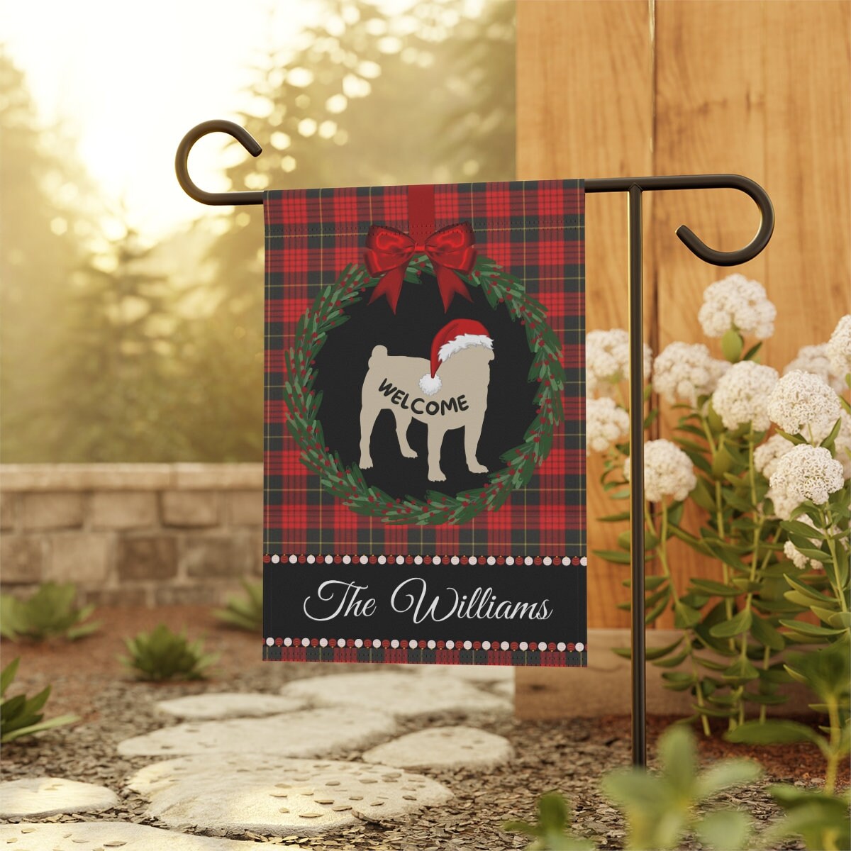 Personalized Pug  (tan) Christmas Yard Flag - Holiday Gift Idea for Pug Mom or Dad, Dog Welcome Sign, Size 12"x18" Stand Not Inclu