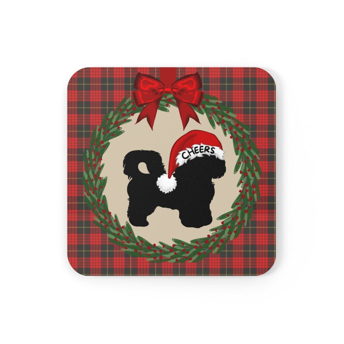 Shih Tzu - Shih-poo Christmas Corkwood Coaster Set (4), Red Plaid With Black Shih Tzu, Shih-poo Silhouette, Perfect Mom Dad Gift