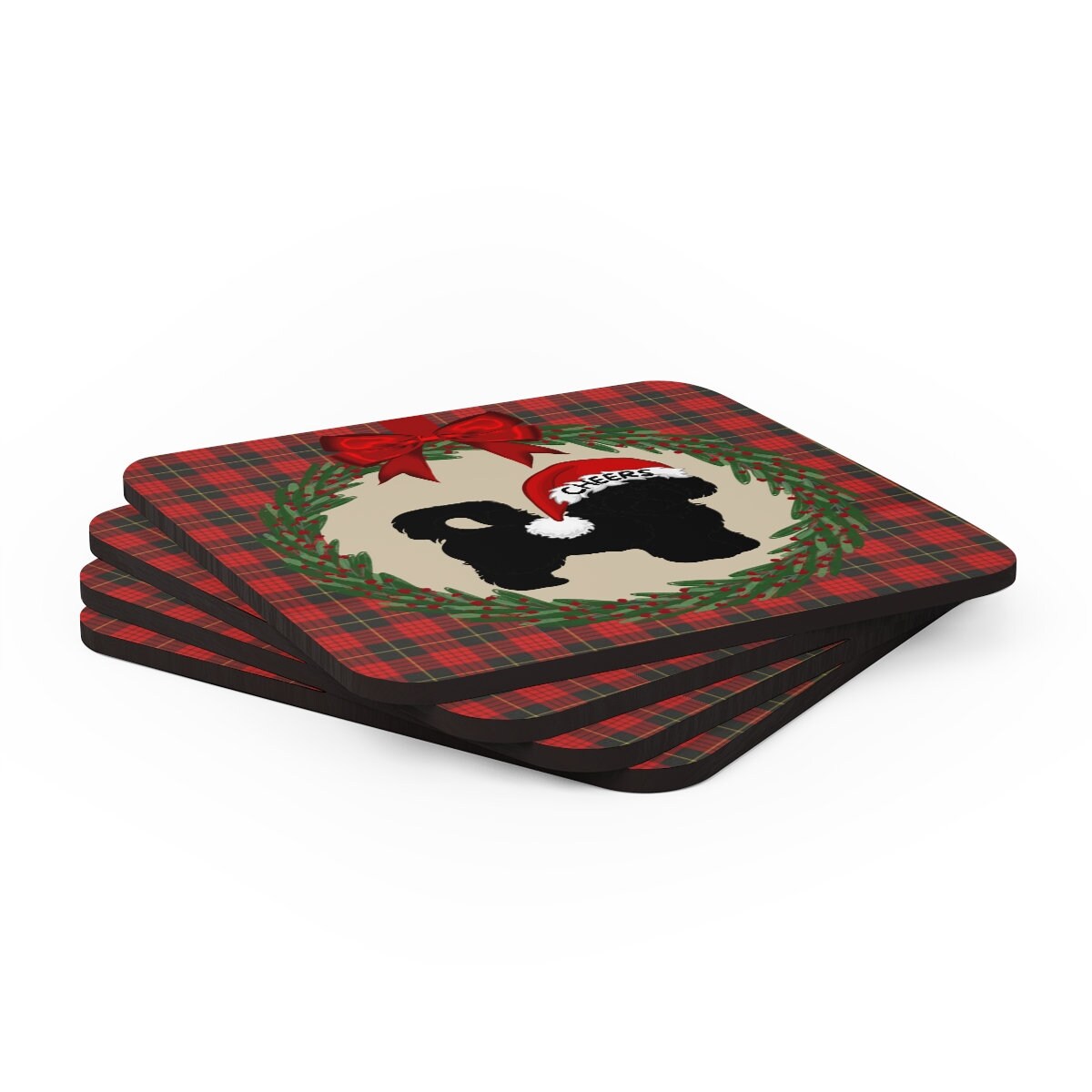 Shih Tzu - Shih-poo Christmas Corkwood Coaster Set (4), Red Plaid With Black Shih Tzu, Shih-poo Silhouette, Perfect Mom Dad Gift