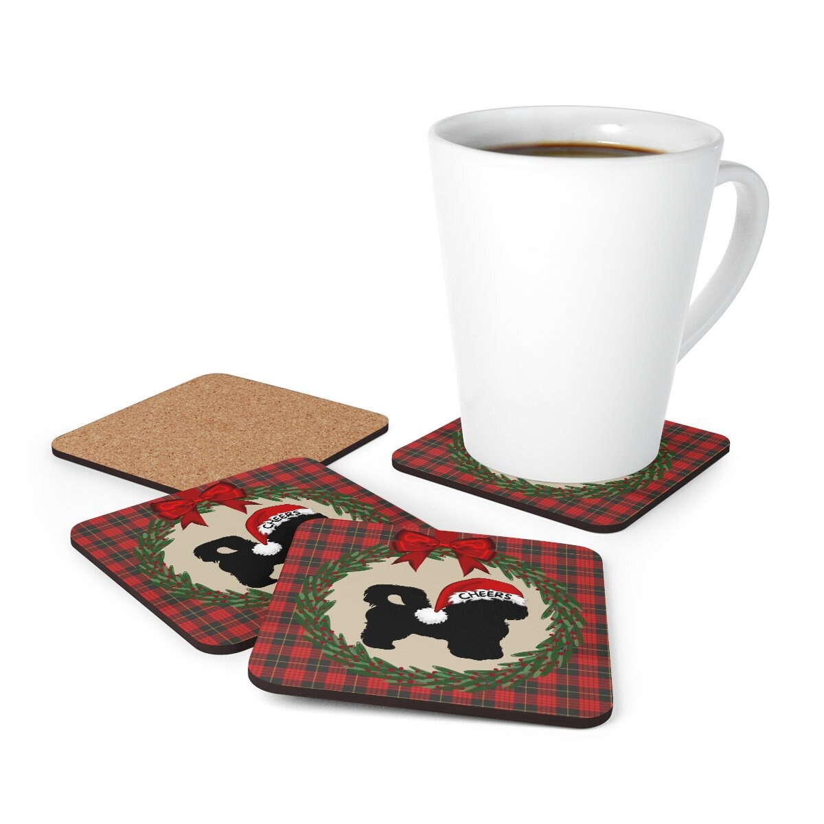 Shih Tzu - Shih-poo Christmas Corkwood Coaster Set (4), Red Plaid With Black Shih Tzu, Shih-poo Silhouette, Perfect Mom Dad Gift