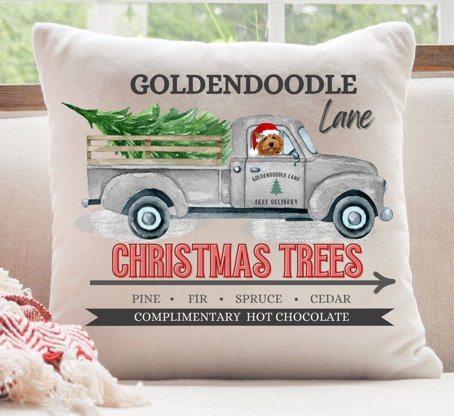 Red Goldendoodle Christmas Gift Pillow - Apricot, Red Goldendoodle Mom and Dad Gift, 16" X 16" Both Cover and Stuffing Included