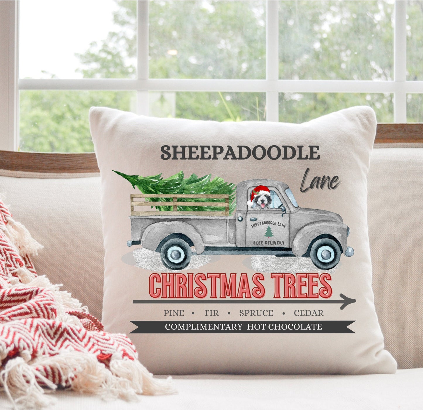 Sheepadoodle Christmas Gift Pillow - Sheepadoodle Mom and Dad Gift Idea, Doodle Decor, 16" X 16" Both Cover and Insert Included