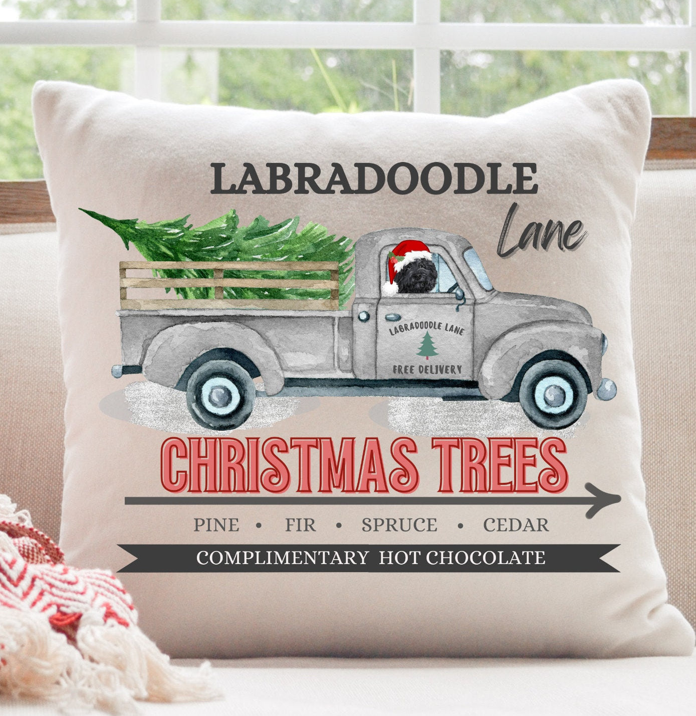 Black Labradoodle Christmas Gift Pillow - Great Labradoodle Mom and Dad Gift, Doodle Decor, 16" X 16" Both Cover and Stuffing Incl