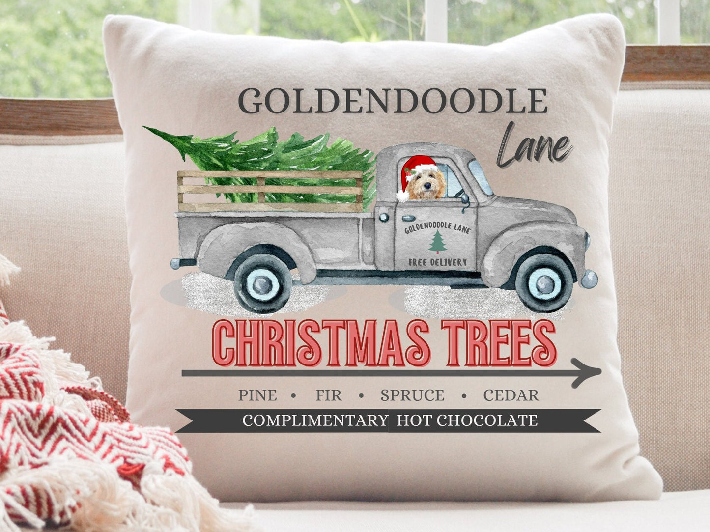 Tan Goldendoodle Christmas Gift Pillow - Goldendoodle Lover Gift, Goldendoodle Decor, 16" X 16" Both Cover and Insert Included