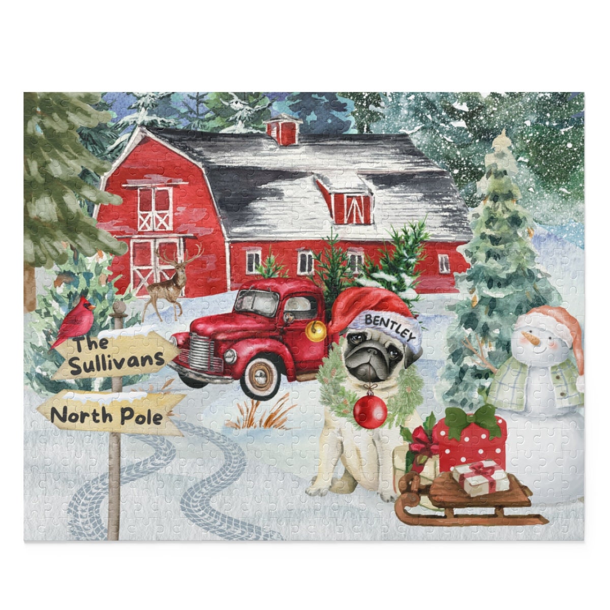 Personalized Pug Christmas Puzzle Gift - Customized Pug Mom or Dad Gift Idea, (120, 252, 500-Piece) Gift Box Included