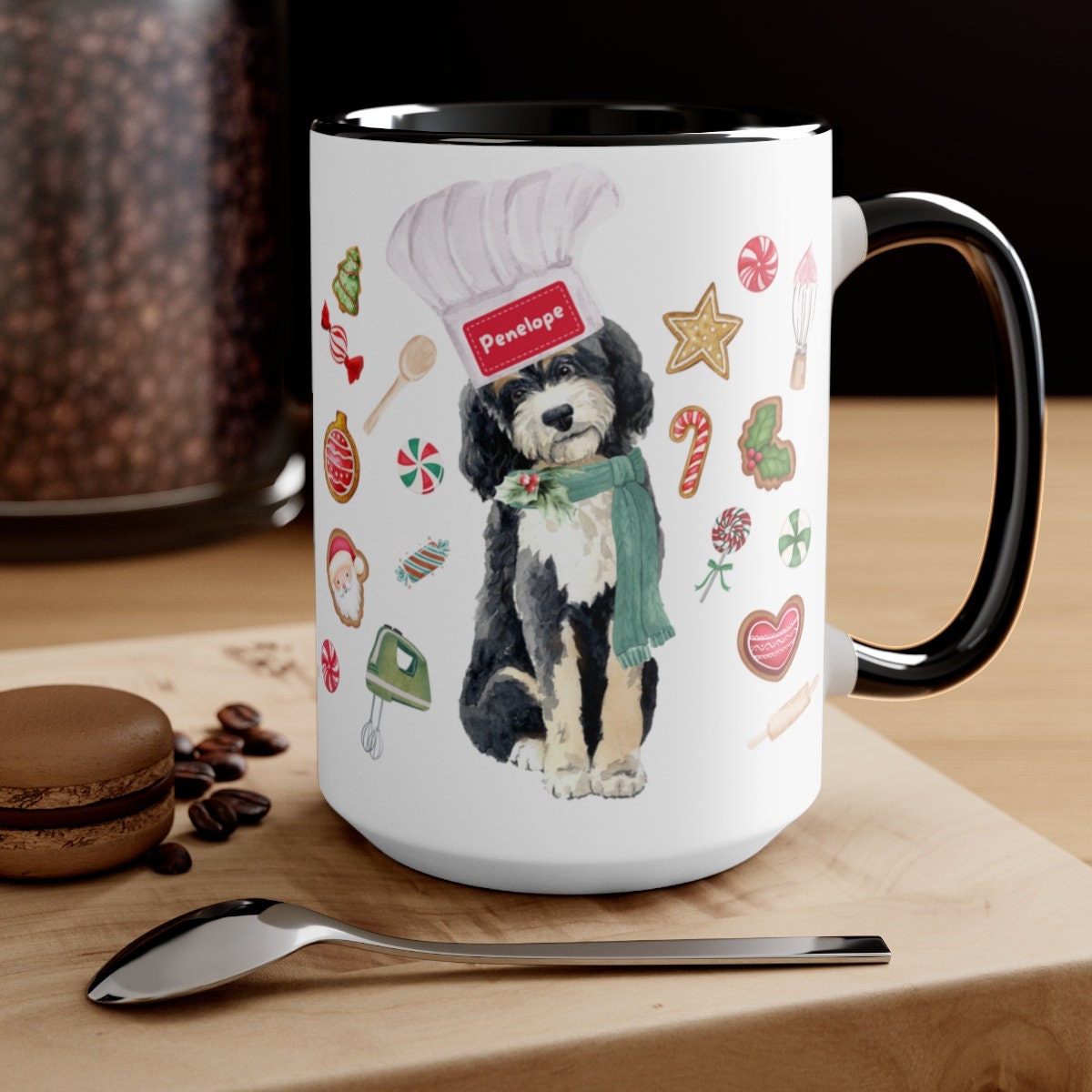 Personalized Bernedoodle Christmas Gift Mug - Great Bernedoodle Mom Gift Idea, Two-Tone Coffee Mugs, 15oz, 3 Color Choices