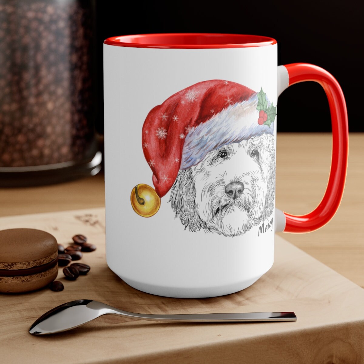 Personalized Doodle Dog Christmas Gift Mug - Perfect  Doodle Mom or Dad Holiday Gift Idea, Festive Santa Dood, Two-Tone Coffee Mug