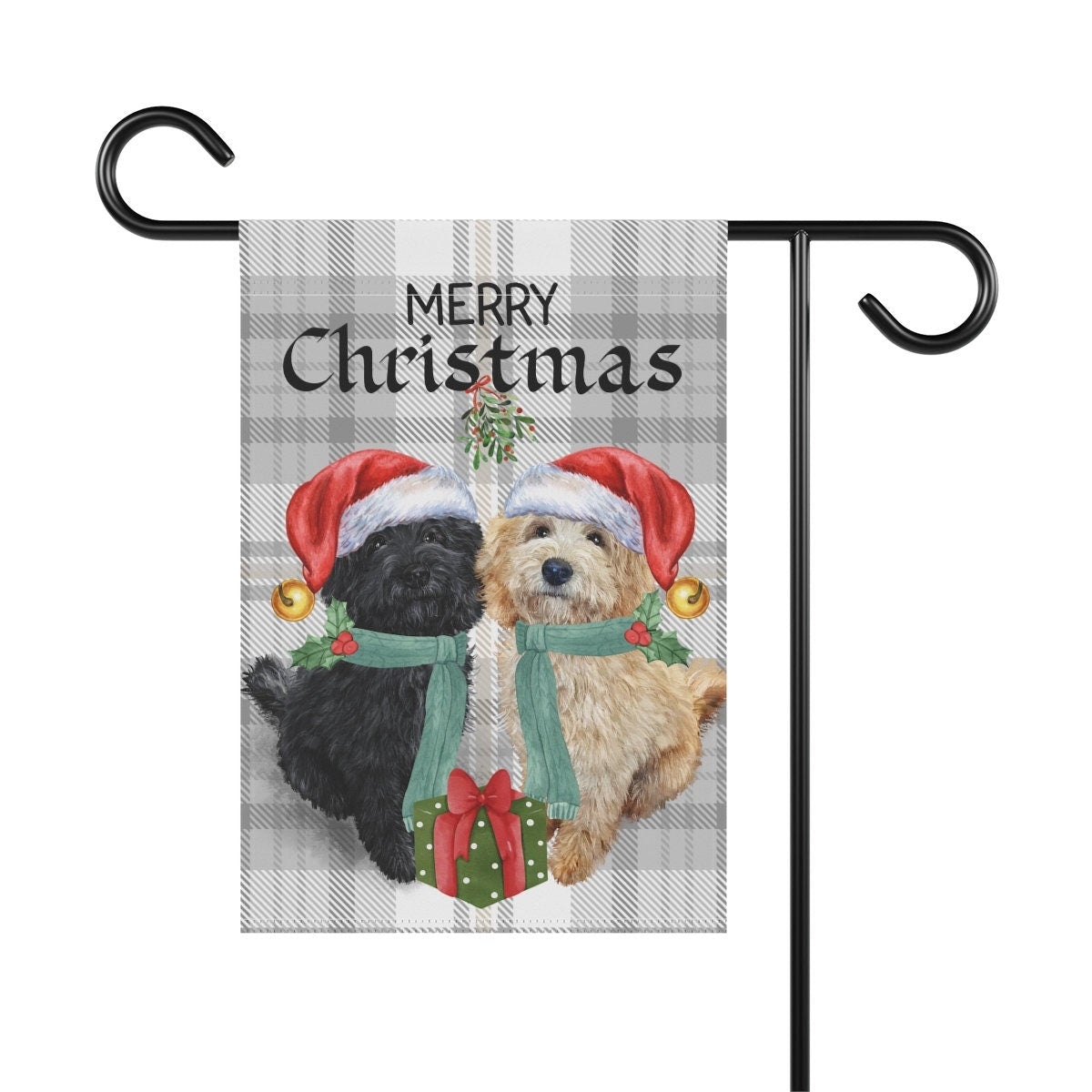 Personalized Doodle Dogs Christmas Flag - Black and Tan Doodle Dogs, Perffect Doodle Mom or Dad Gift, 12x18", Stand Not Included