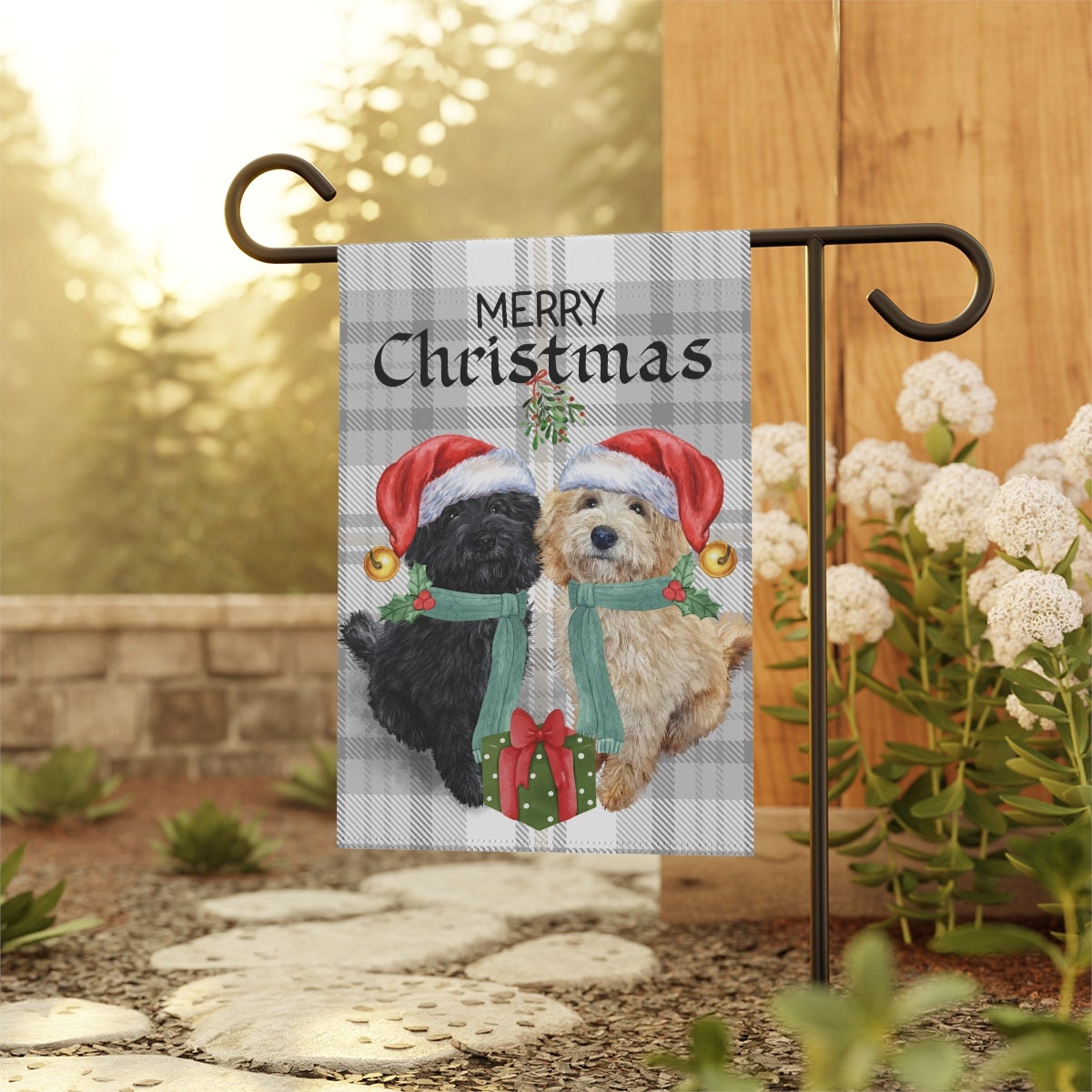 Personalized Doodle Dogs Christmas Flag - Black and Tan Doodle Dogs, Perffect Doodle Mom or Dad Gift, 12x18", Stand Not Included