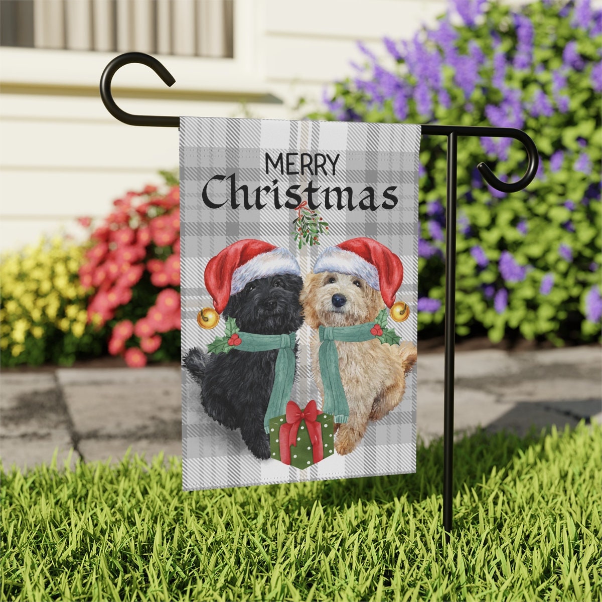 Personalized Doodle Dogs Christmas Flag - Black and Tan Doodle Dogs, Perffect Doodle Mom or Dad Gift, 12x18", Stand Not Included