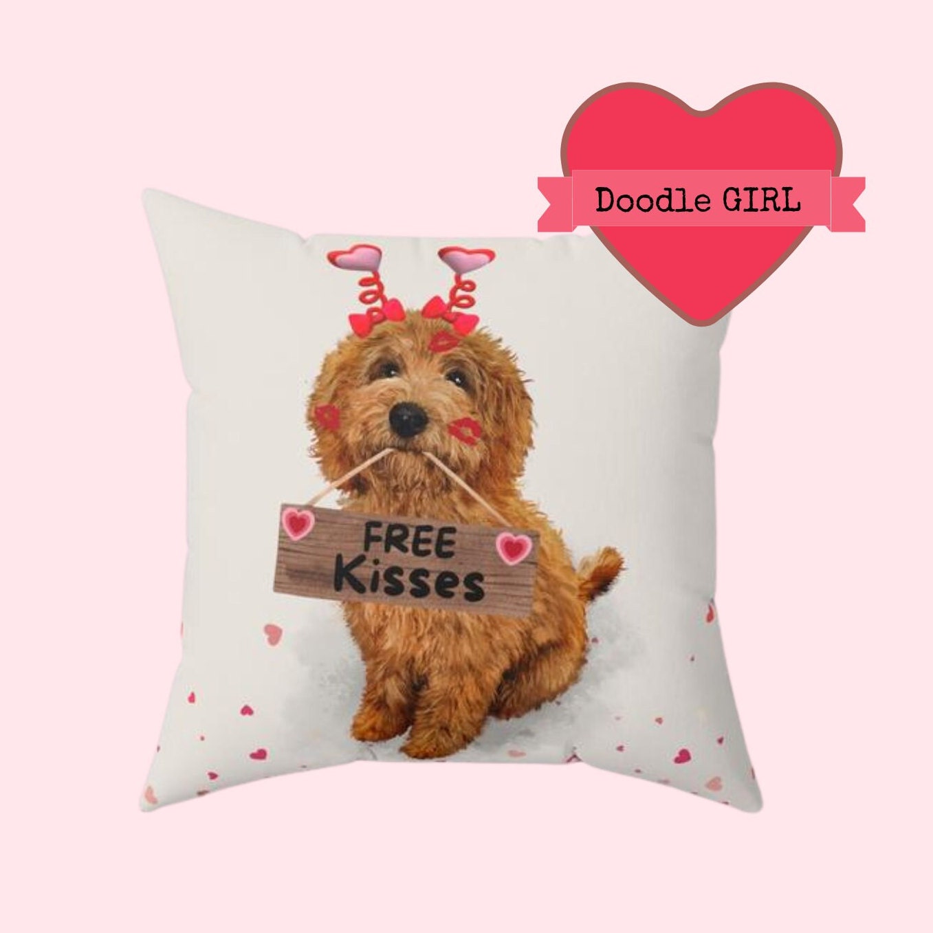 Apricot/red Doodle Valentine's Day Pillow - Boutique Style Valentine Gift for Doodle Dog Mom or Doodle Lover, Choose From Doodle G