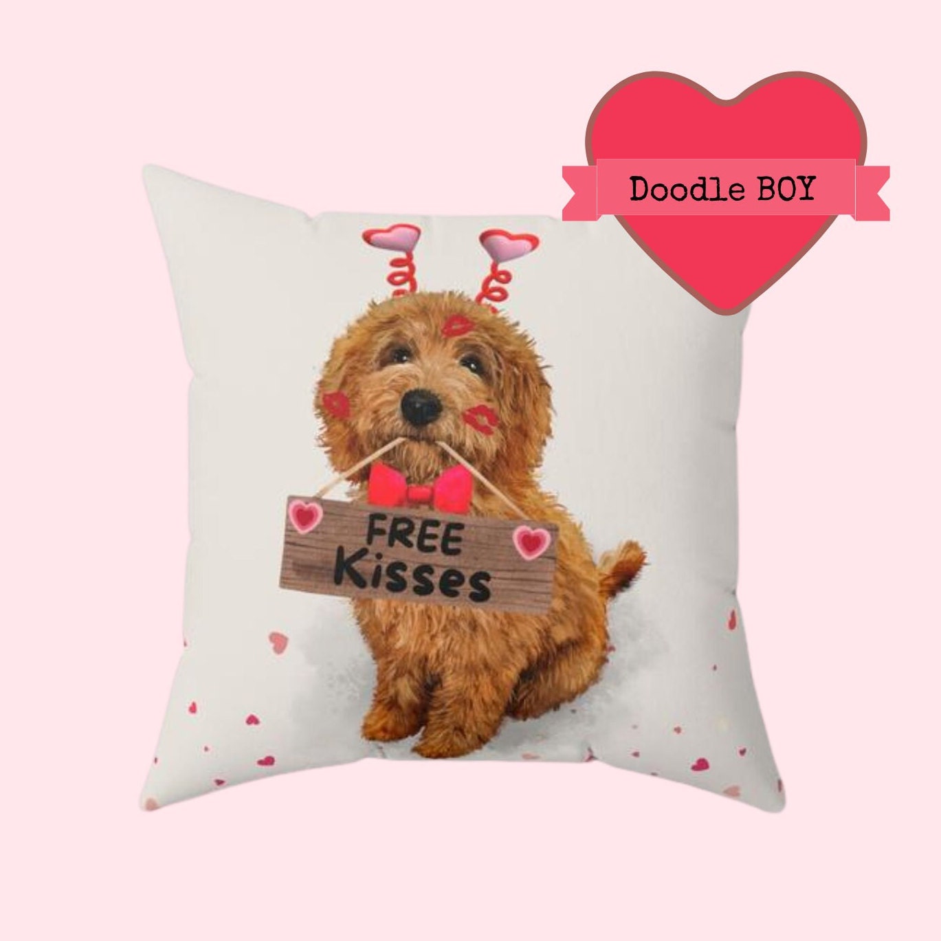 Apricot/red Doodle Valentine's Day Pillow - Boutique Style Valentine Gift for Doodle Dog Mom or Doodle Lover, Choose From Doodle G