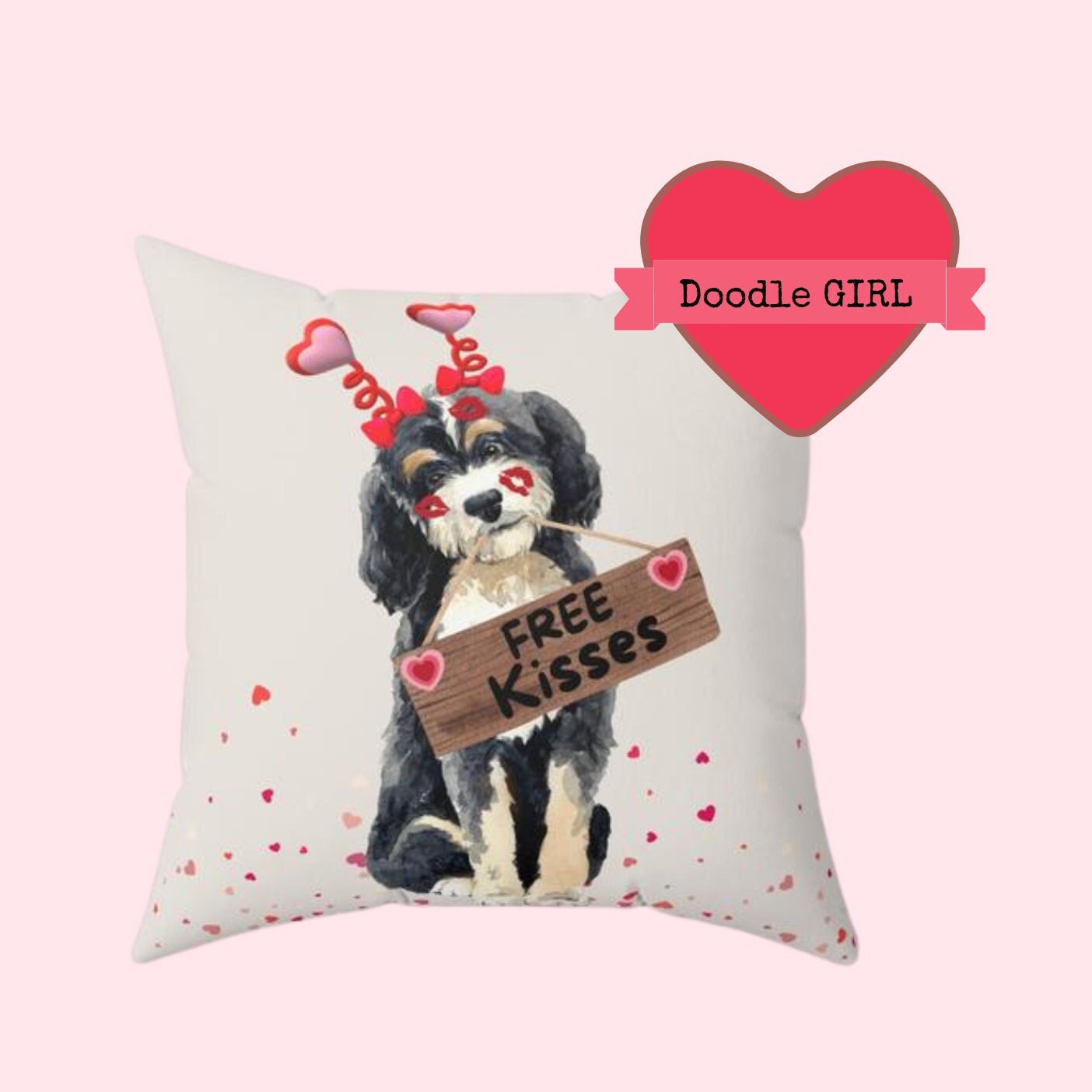 Bernedoodle Valentine's Day Pillow - Boutique Style Valentine Gift for Doodle Dog Mom or Doodle Lover, Choose Boy or Girl