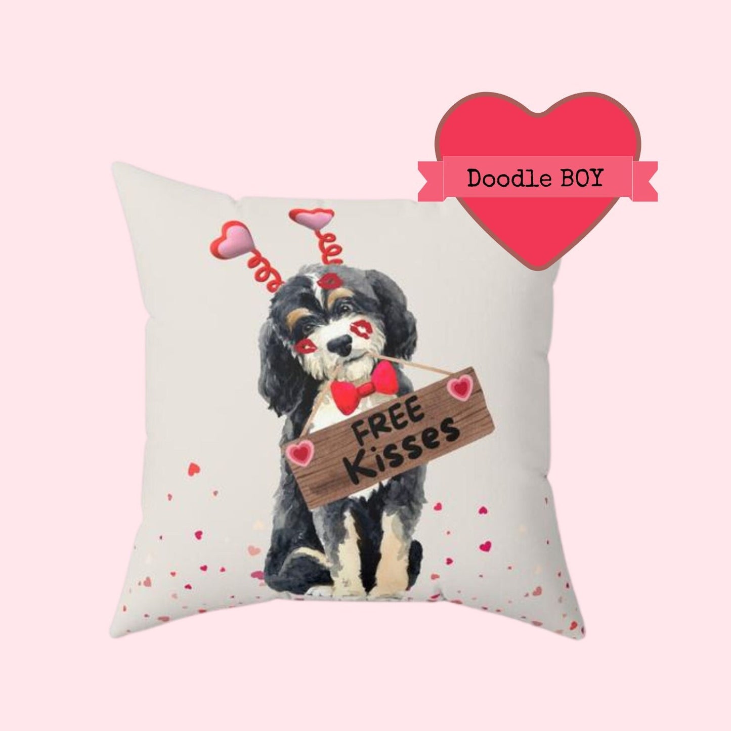 Bernedoodle Valentine's Day Pillow - Boutique Style Valentine Gift for Doodle Dog Mom or Doodle Lover, Choose Boy or Girl