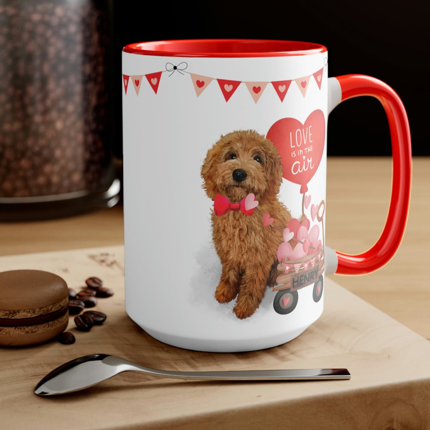 Personalized Apricot/Red  Doodle Dog (boy) Valentine's Day Mug - 15 Oz Two-Tone Coffee Mugs, Perfect Gift Idea for Doodle Mom