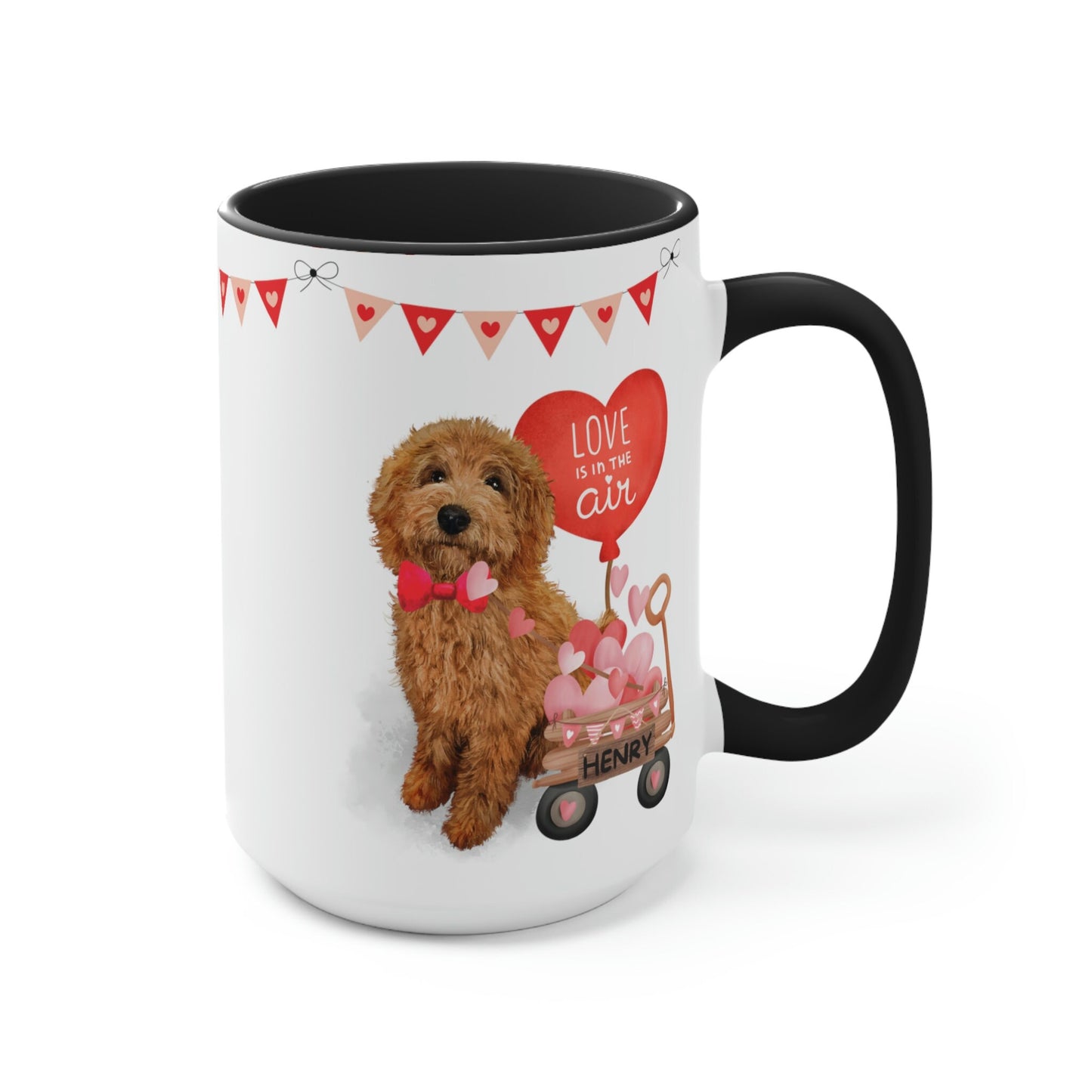 Personalized Apricot/Red  Doodle Dog (boy) Valentine's Day Mug - 15 Oz Two-Tone Coffee Mugs, Perfect Gift Idea for Doodle Mom