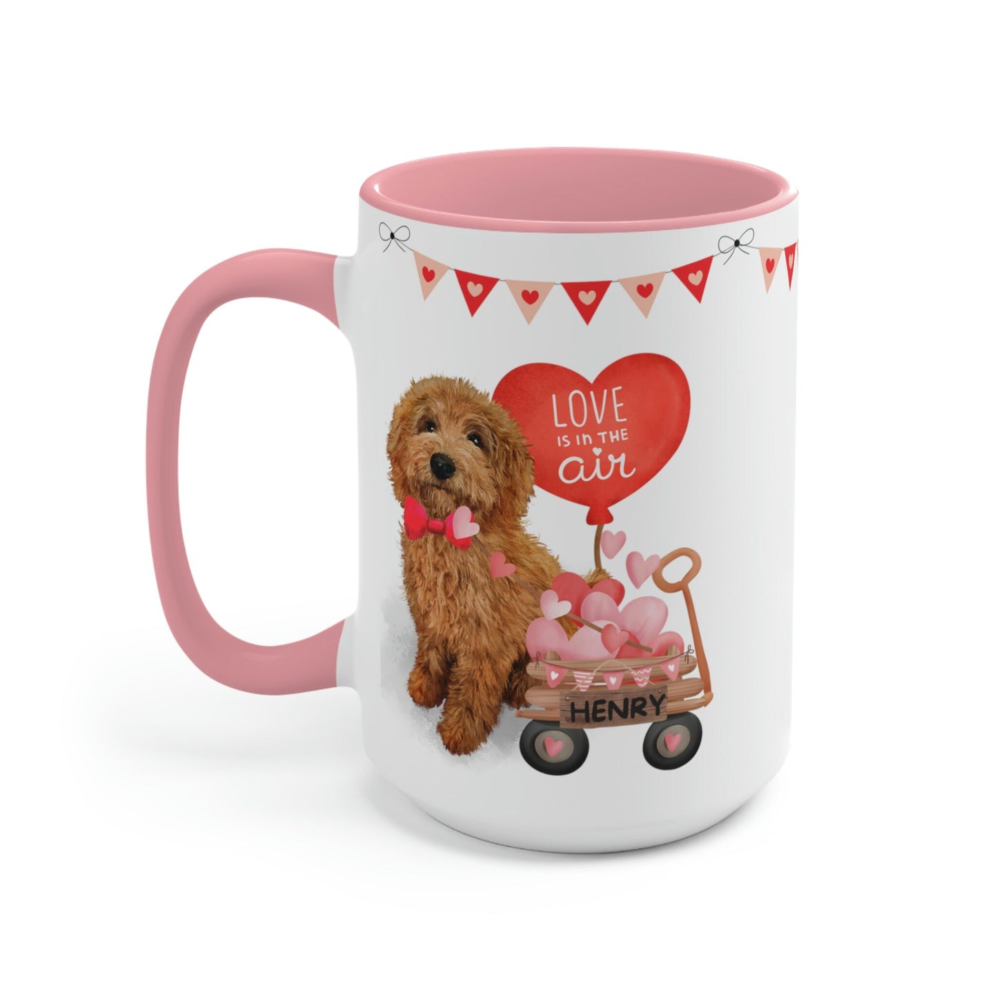 Personalized Apricot/Red  Doodle Dog (boy) Valentine's Day Mug - 15 Oz Two-Tone Coffee Mugs, Perfect Gift Idea for Doodle Mom