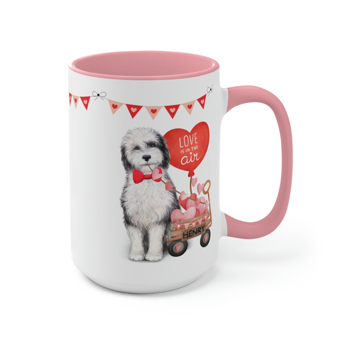 Personalized Sheepadoodle Dog (boy) Valentine's Day Mug - 15 Oz Two-Tone Coffee Mugs, Perfect Gift Idea for Doodle Mom