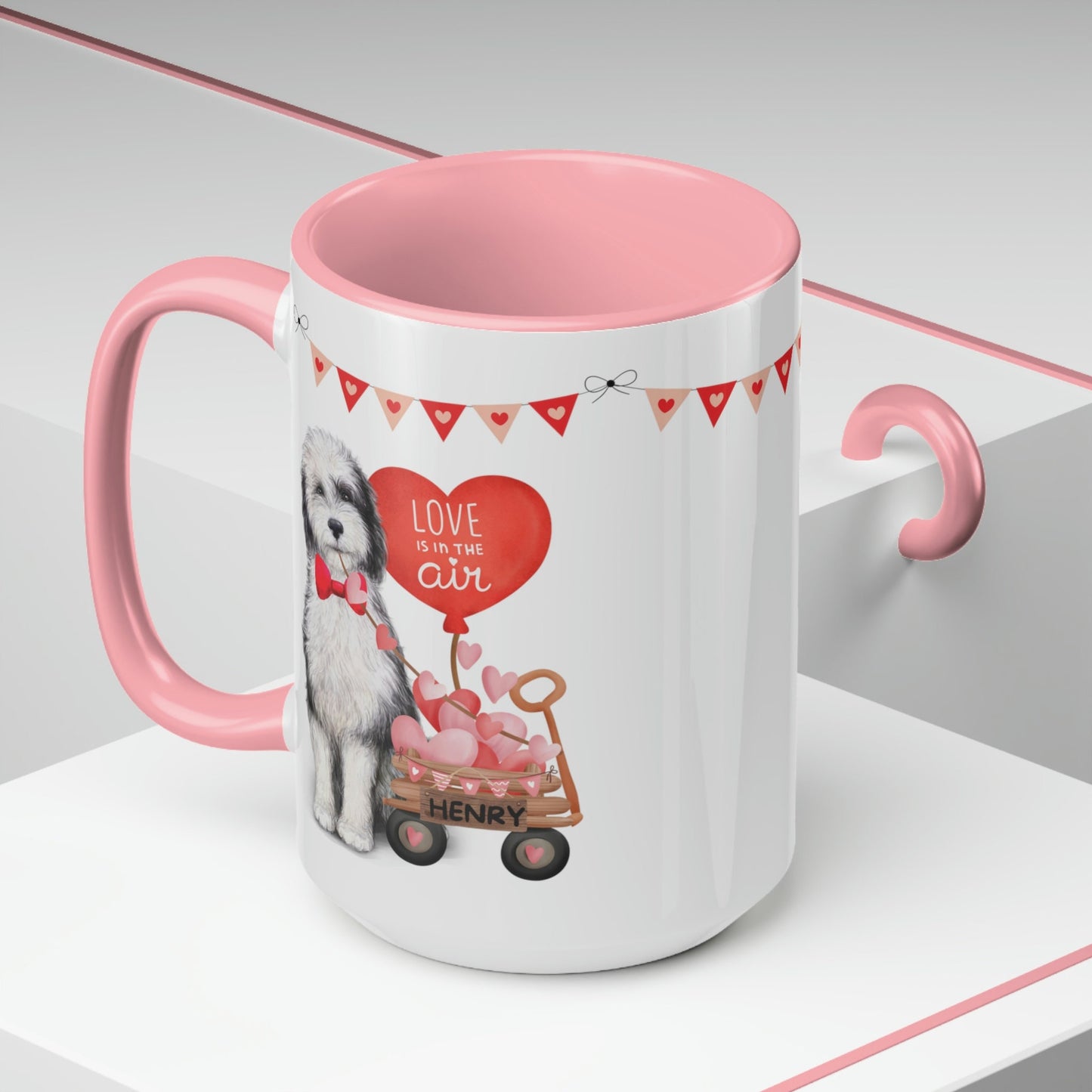 Personalized Sheepadoodle Dog (boy) Valentine's Day Mug - 15 Oz Two-Tone Coffee Mugs, Perfect Gift Idea for Doodle Mom