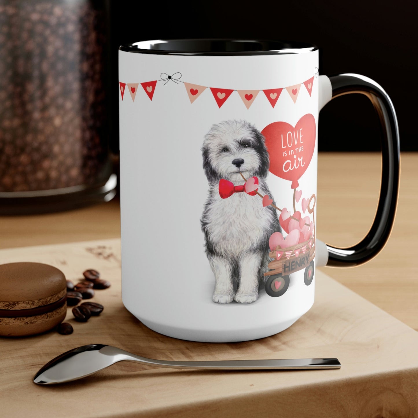 Personalized Sheepadoodle Dog (boy) Valentine's Day Mug - 15 Oz Two-Tone Coffee Mugs, Perfect Gift Idea for Doodle Mom