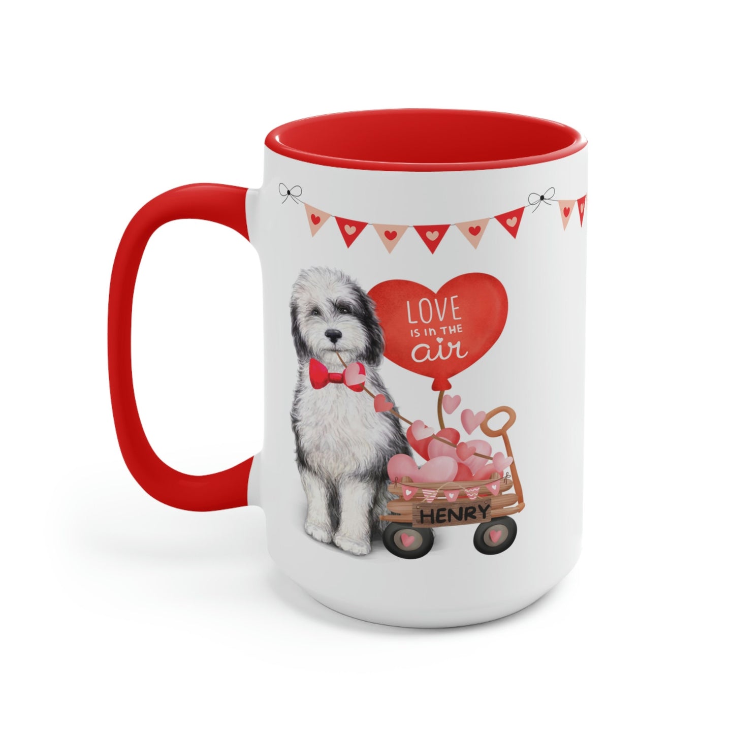 Personalized Sheepadoodle Dog (boy) Valentine's Day Mug - 15 Oz Two-Tone Coffee Mugs, Perfect Gift Idea for Doodle Mom