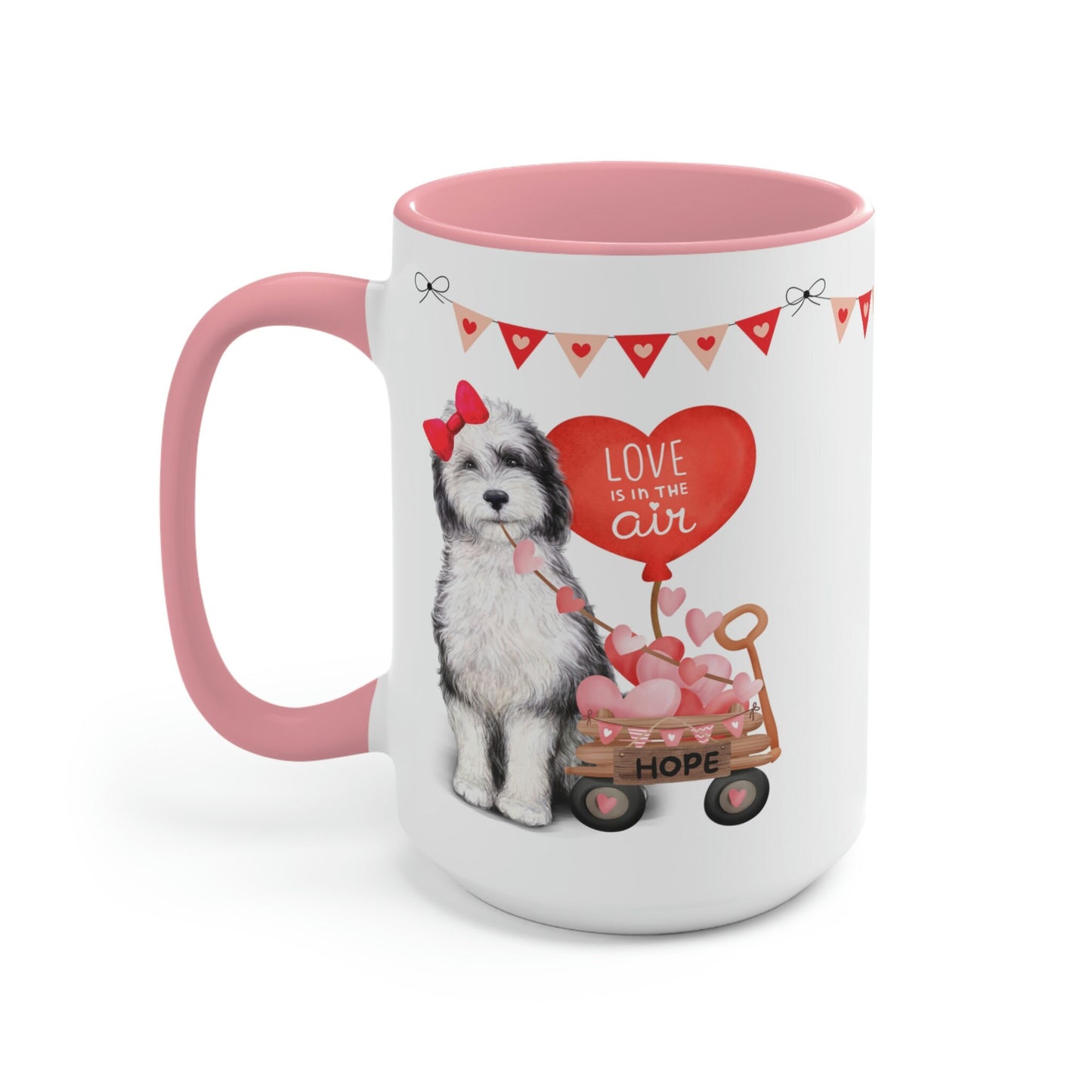 Personalized Sheepadoodle Dog (girl) Valentine's Day Mug - 15 Oz Two-Tone Coffee Mugs, Perfect Gift Idea for Doodle Mom