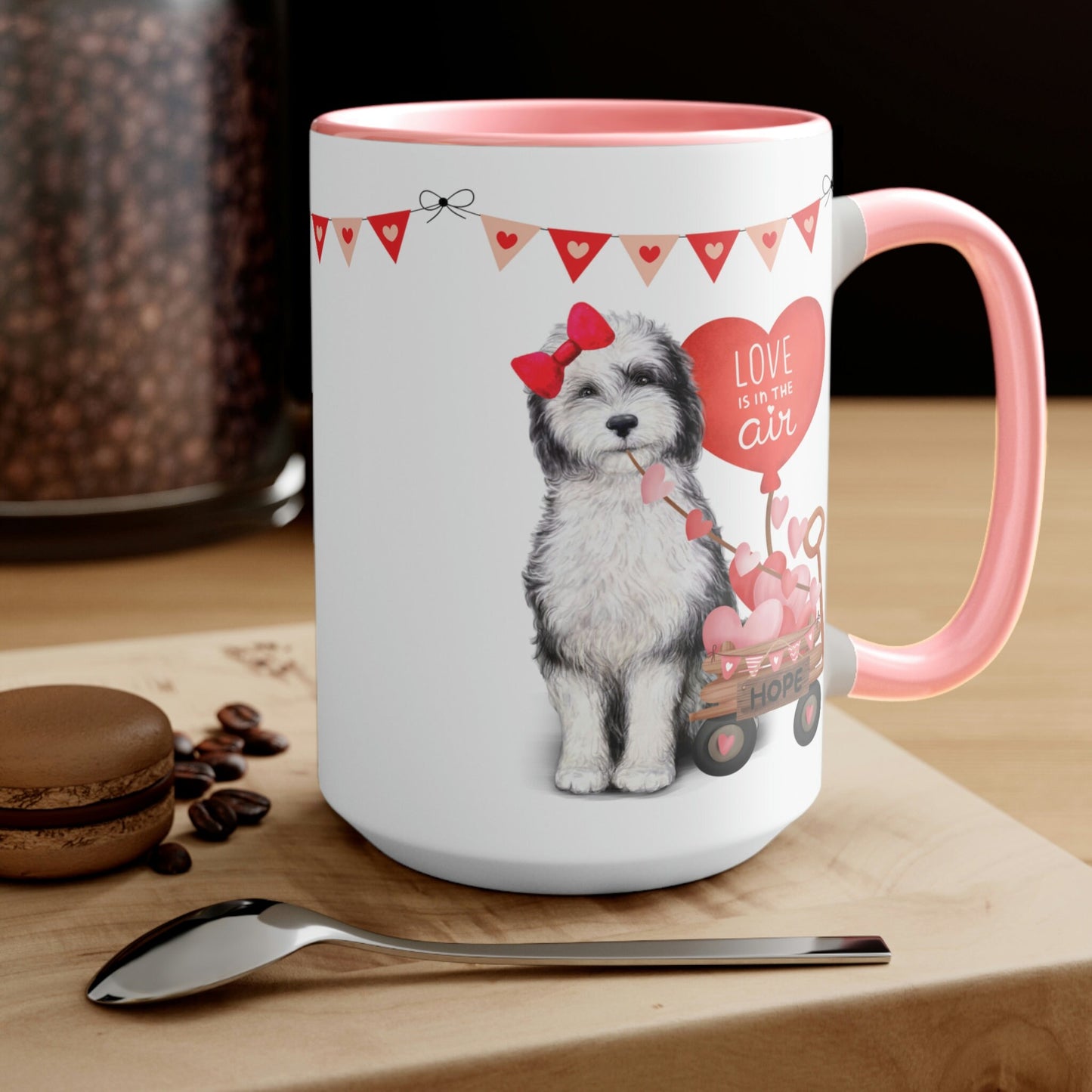 Personalized Sheepadoodle Dog (girl) Valentine's Day Mug - 15 Oz Two-Tone Coffee Mugs, Perfect Gift Idea for Doodle Mom