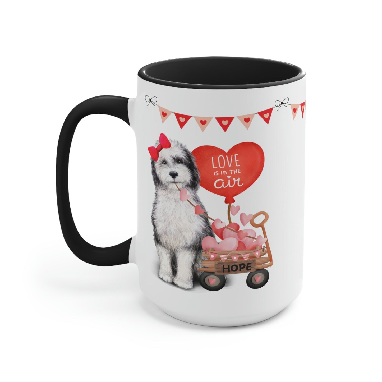 Personalized Sheepadoodle Dog (girl) Valentine's Day Mug - 15 Oz Two-Tone Coffee Mugs, Perfect Gift Idea for Doodle Mom