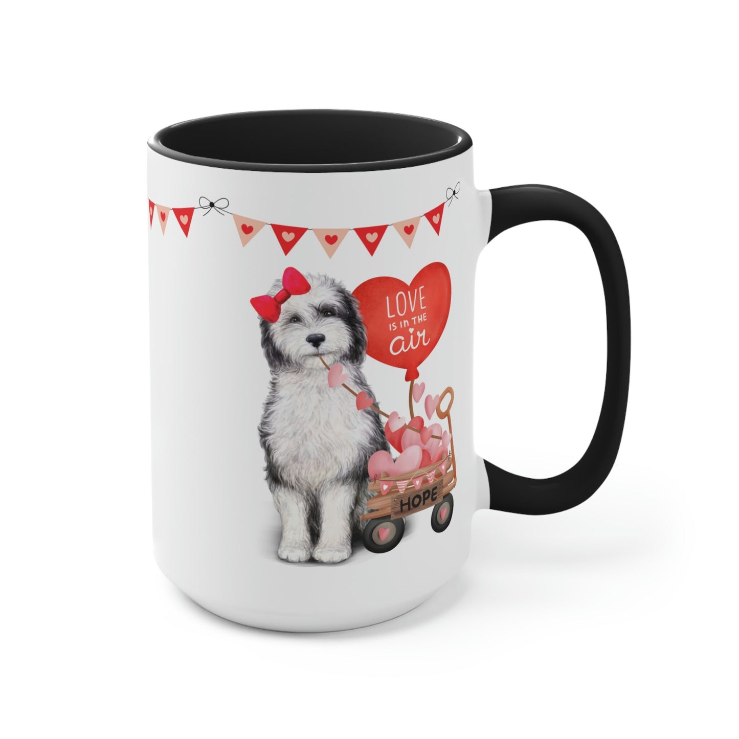 Personalized Sheepadoodle Dog (girl) Valentine's Day Mug - 15 Oz Two-Tone Coffee Mugs, Perfect Gift Idea for Doodle Mom