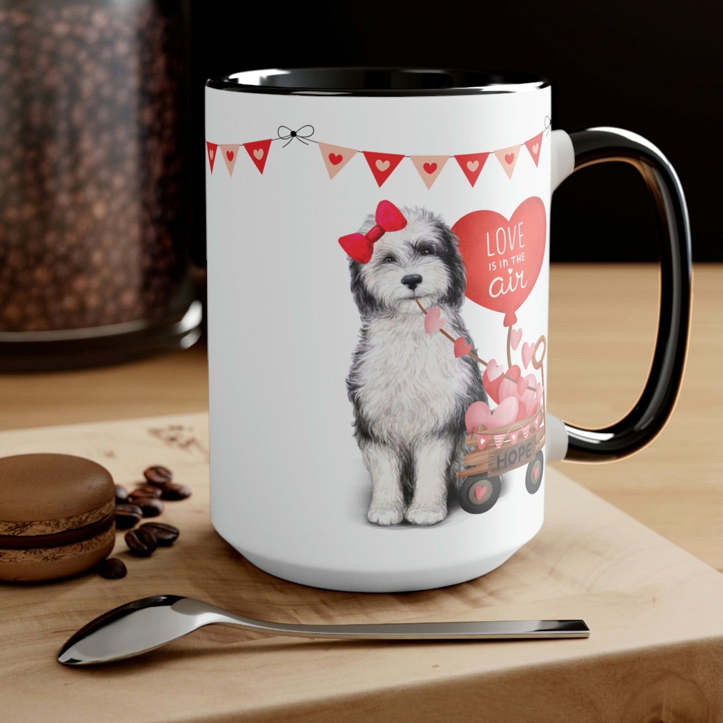 Personalized Sheepadoodle Dog (girl) Valentine's Day Mug - 15 Oz Two-Tone Coffee Mugs, Perfect Gift Idea for Doodle Mom