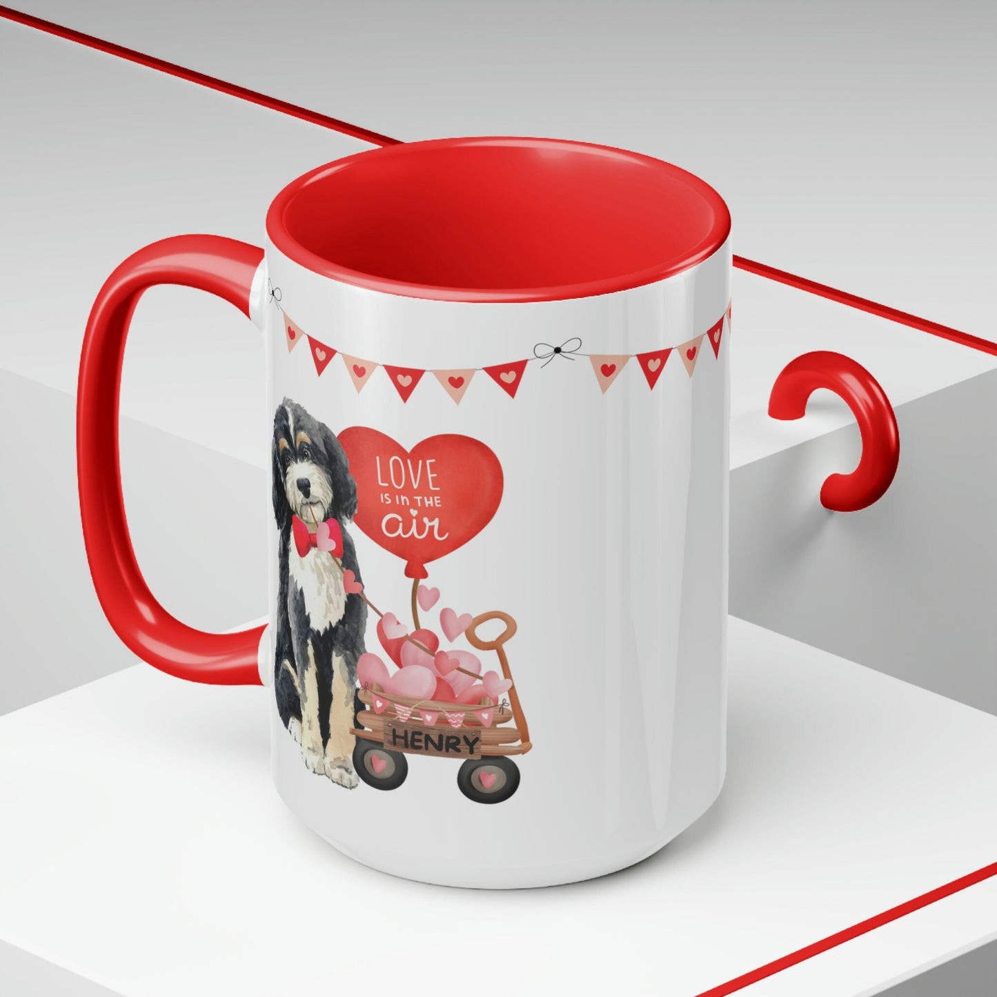 Personalized Bernedoodle Dog (boy) Valentine's Day Mug - 15 Oz Two-Tone Coffee Mugs, Perfect Gift Idea for Doodle Mom