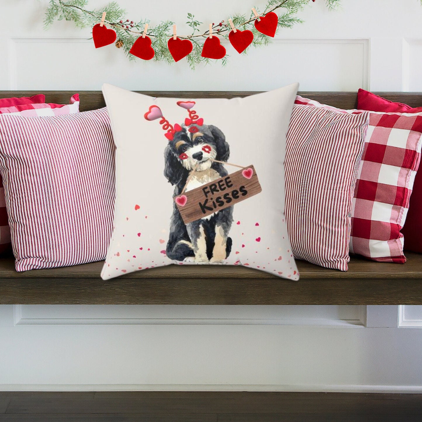 Bernedoodle Valentine's Day Pillow - Boutique Style Valentine Gift for Doodle Dog Mom or Doodle Lover, Choose Boy or Girl