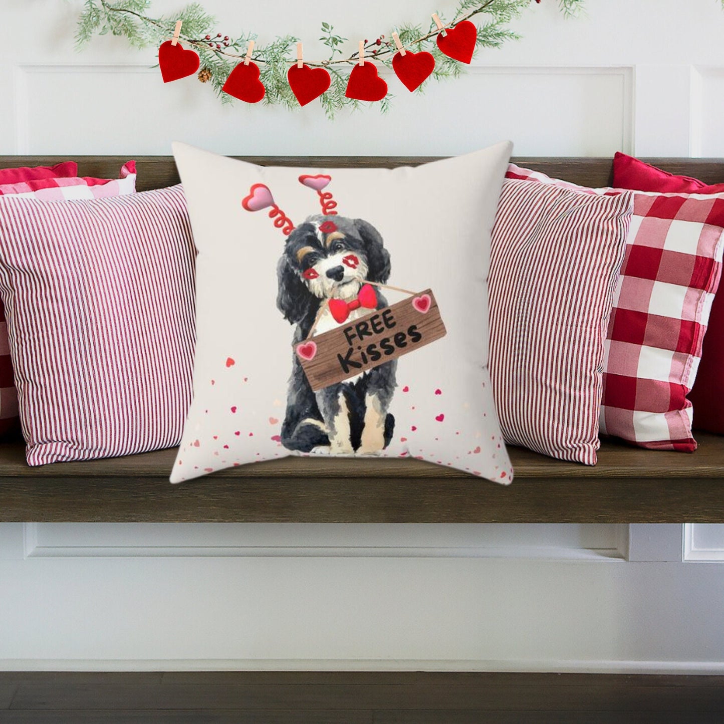 Bernedoodle Valentine's Day Pillow - Boutique Style Valentine Gift for Doodle Dog Mom or Doodle Lover, Choose Boy or Girl