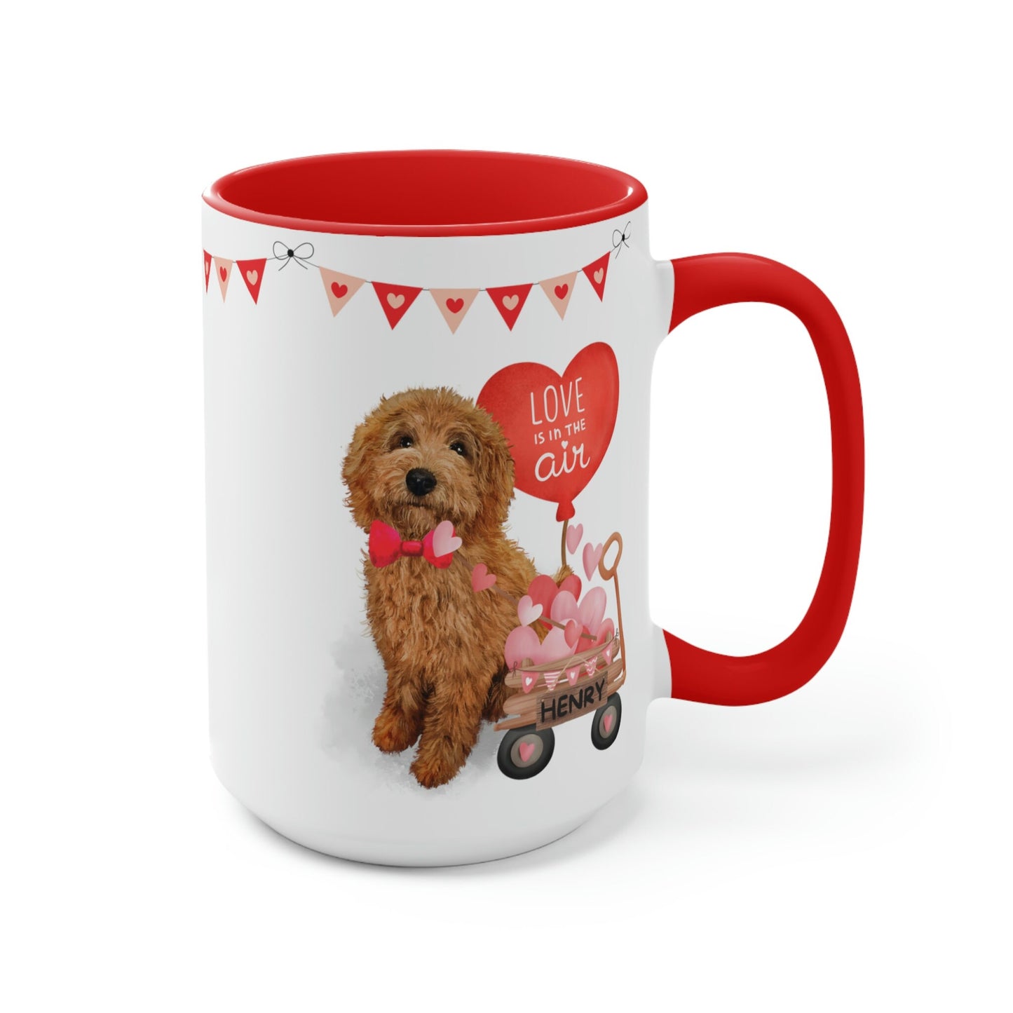 Personalized Apricot/Red  Doodle Dog (boy) Valentine's Day Mug - 15 Oz Two-Tone Coffee Mugs, Perfect Gift Idea for Doodle Mom