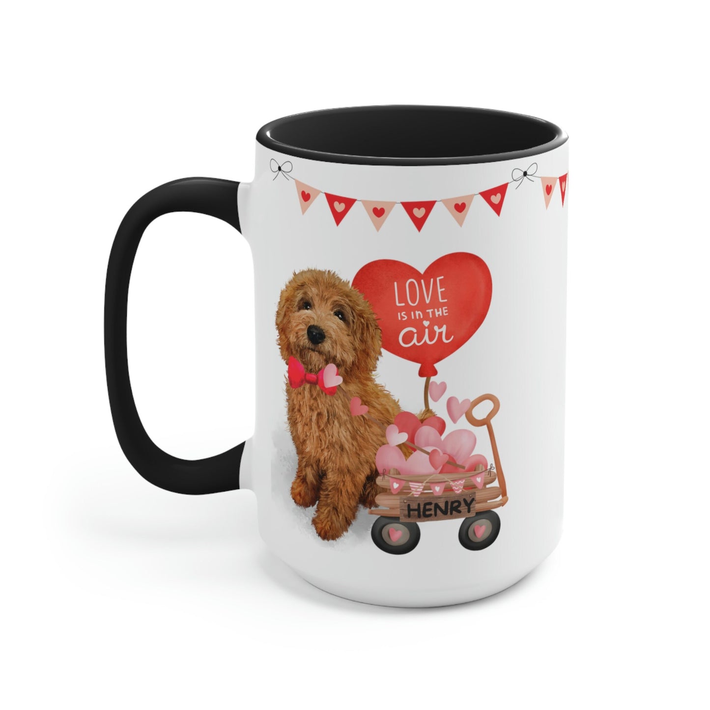 Personalized Apricot/Red  Doodle Dog (boy) Valentine's Day Mug - 15 Oz Two-Tone Coffee Mugs, Perfect Gift Idea for Doodle Mom